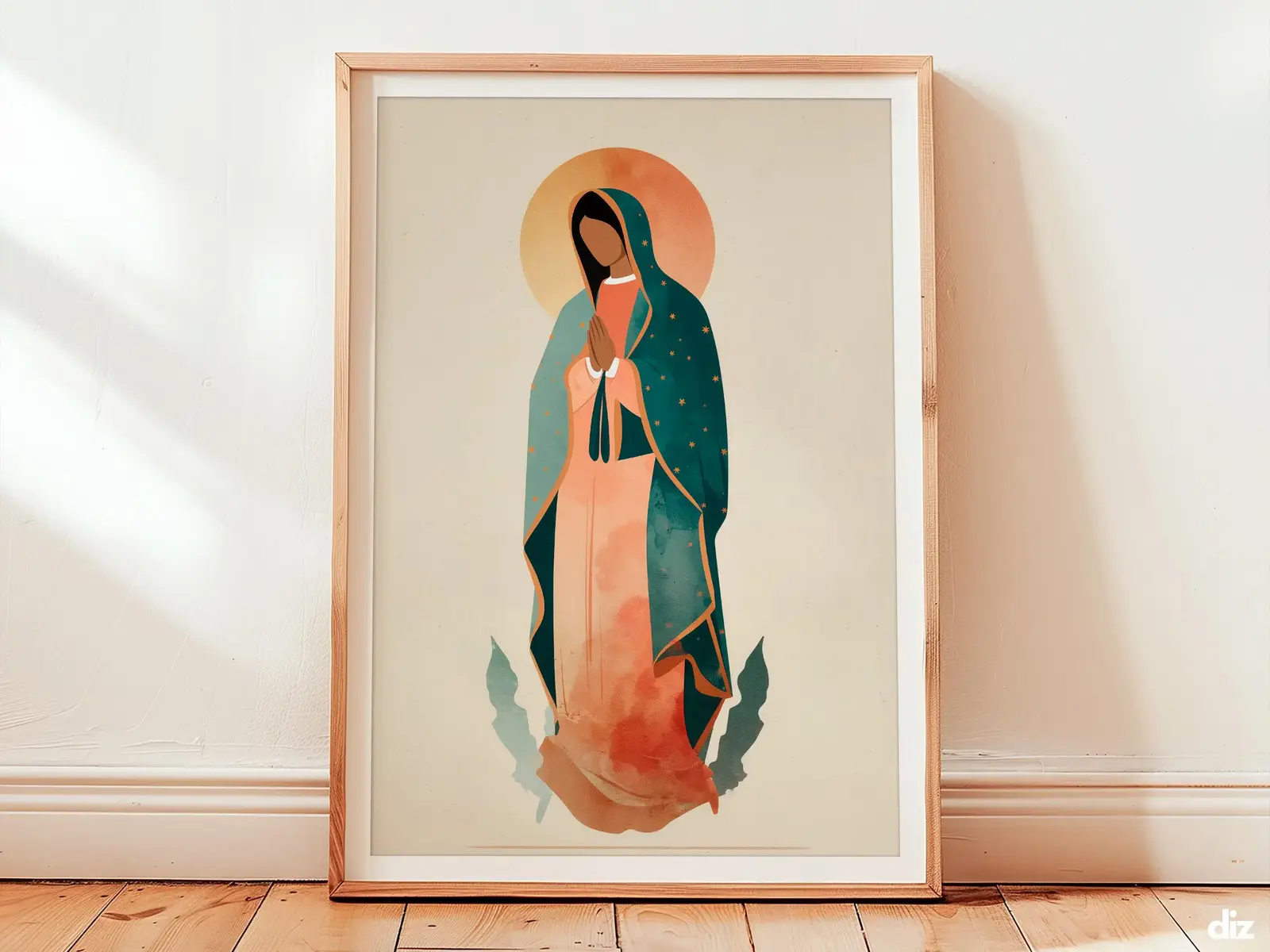 Framed Virgen de Guadalupe minimalist watercolor print centered on ivory, marian art and catholic icon for church decor