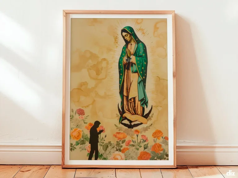 Framed Virgen de Guadalupe watercolor print in ivory space, minimalist marian art and catholic wall art for prayer.