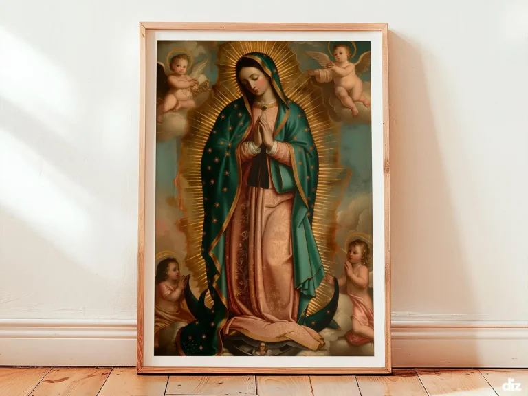 Framed Virgen de Guadalupe watercolor art print centered, full figure with radiant mandorla, virgen de guadalupe catholic wall art