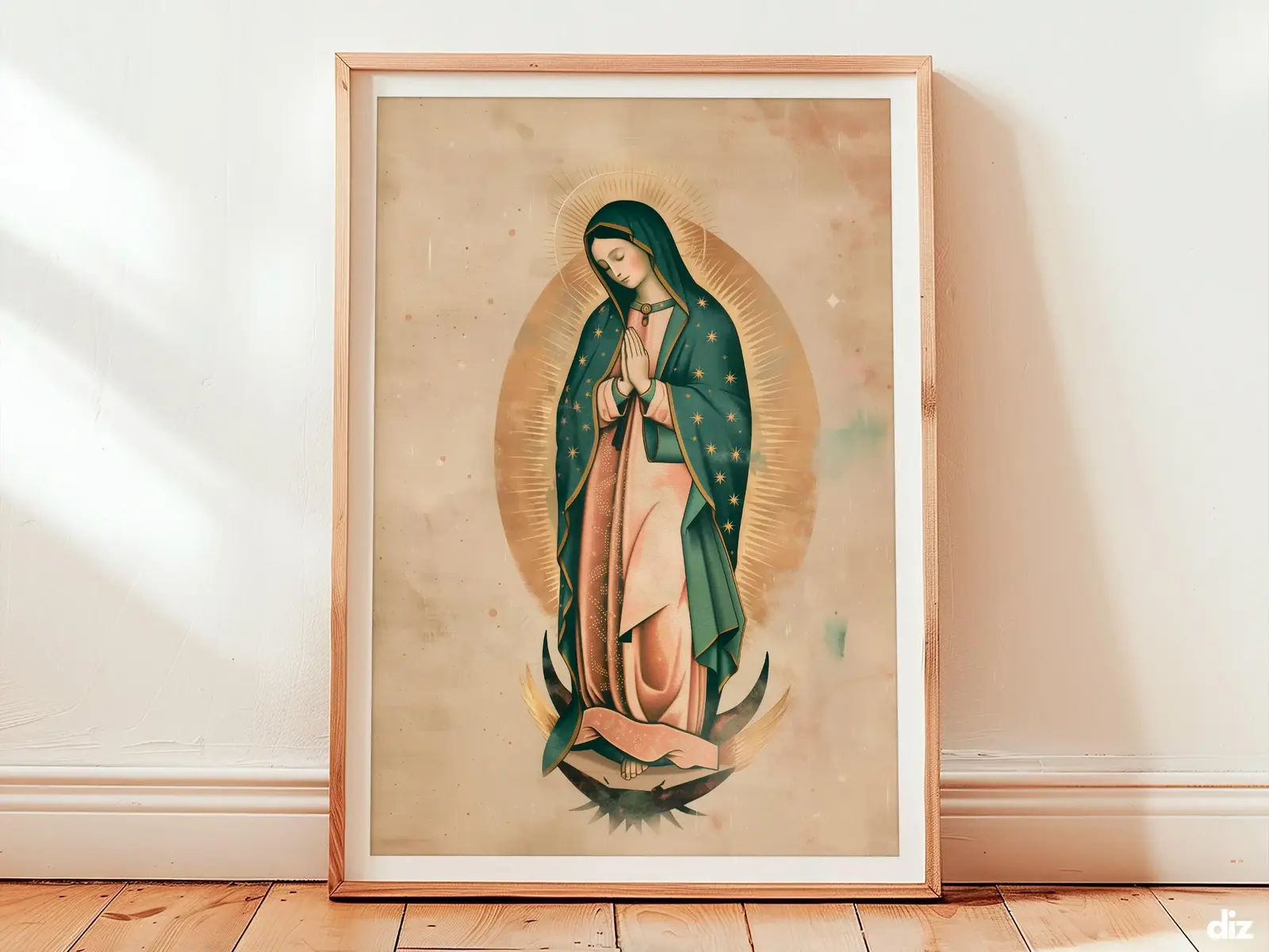Framed Virgen de Guadalupe watercolor silhouette centered on ivory, minimalist marian art for christian wall art