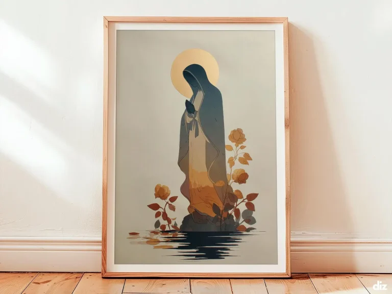 Framed Virgen de Guadalupe watercolor art print showing minimalist tilma scene, marian art and catholic wall art.