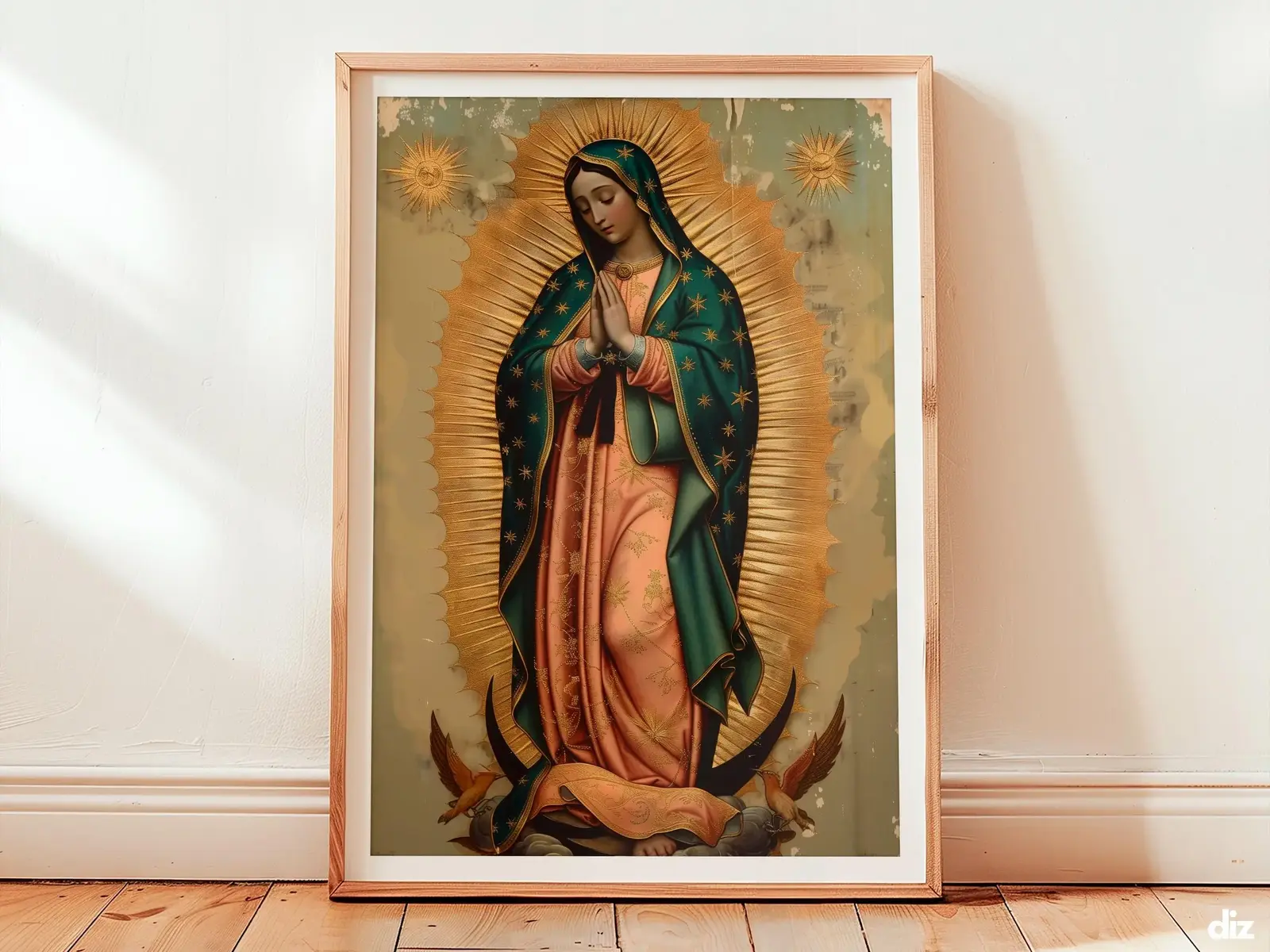 Framed Virgen de Guadalupe watercolor print with golden mandorla, marian art and catholic wall art for devotion