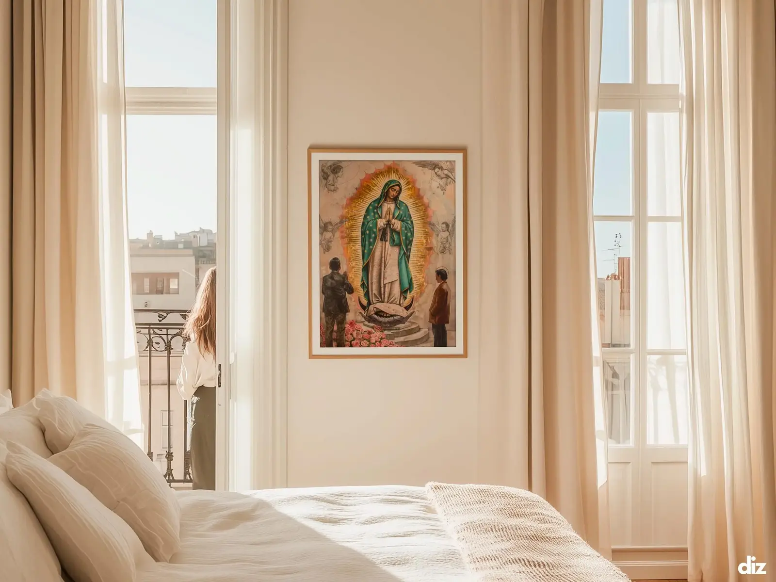 Sacred Heart of Jesus framed above sofa, living room display blending peace and devotion, bible wall art catholic wall art