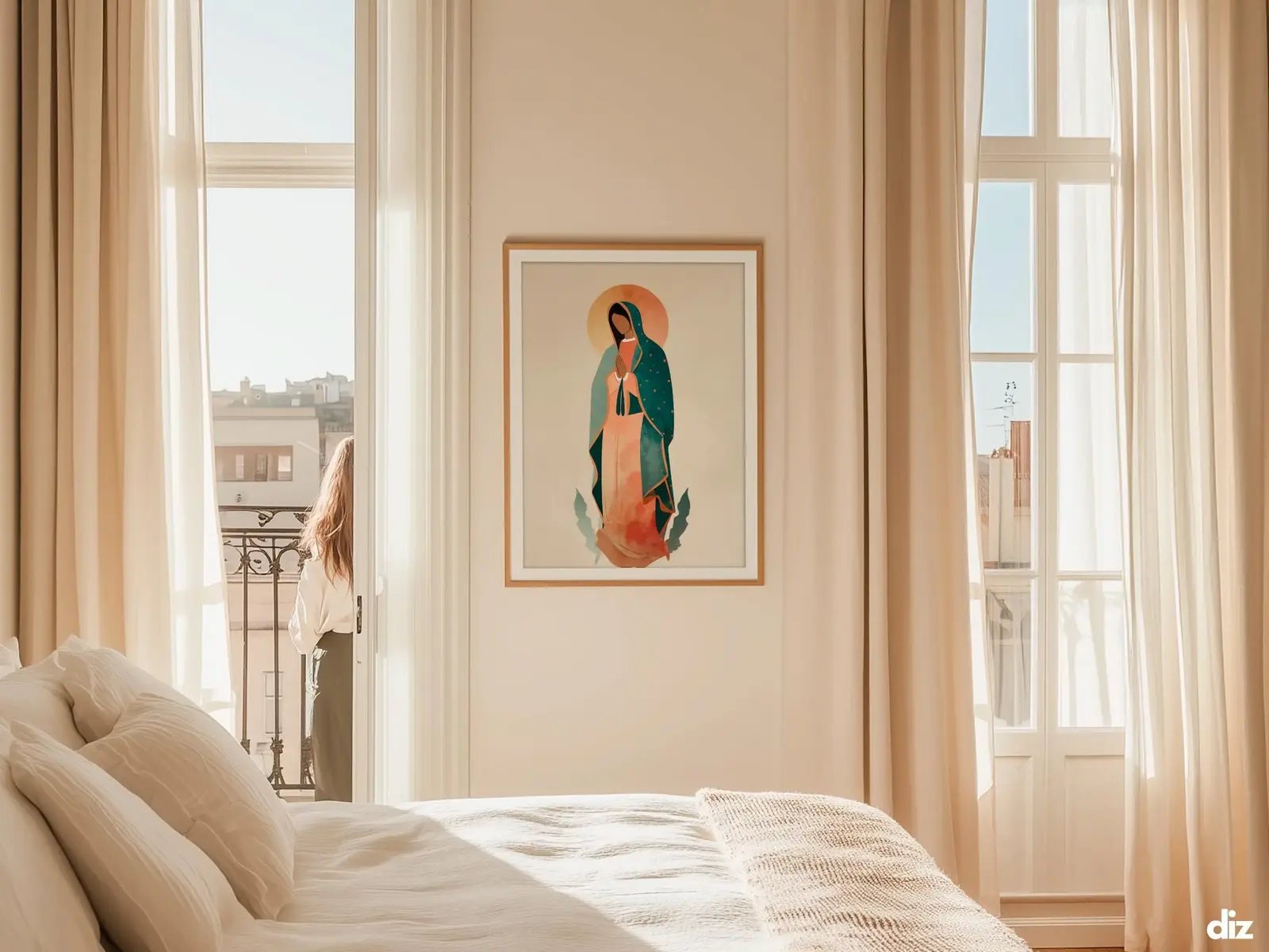 Sacred Heart of Jesus framed above sofa, living room display blending peace and devotion, bible wall art catholic wall art