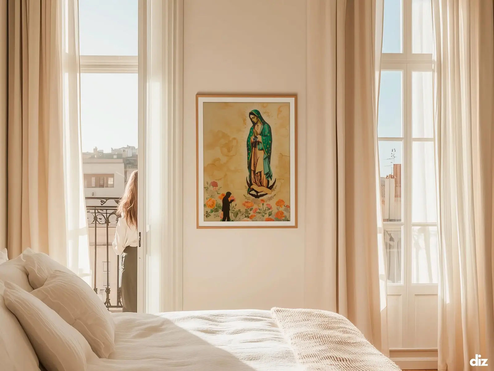 Sacred Heart of Jesus framed above sofa, living room display blending peace and devotion, bible wall art catholic wall art