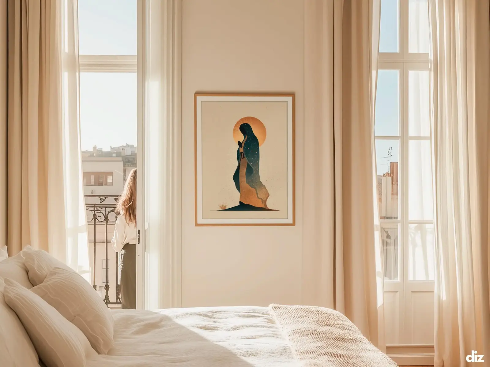 Sacred Heart of Jesus framed above sofa, living room display blending peace and devotion, bible wall art catholic wall art