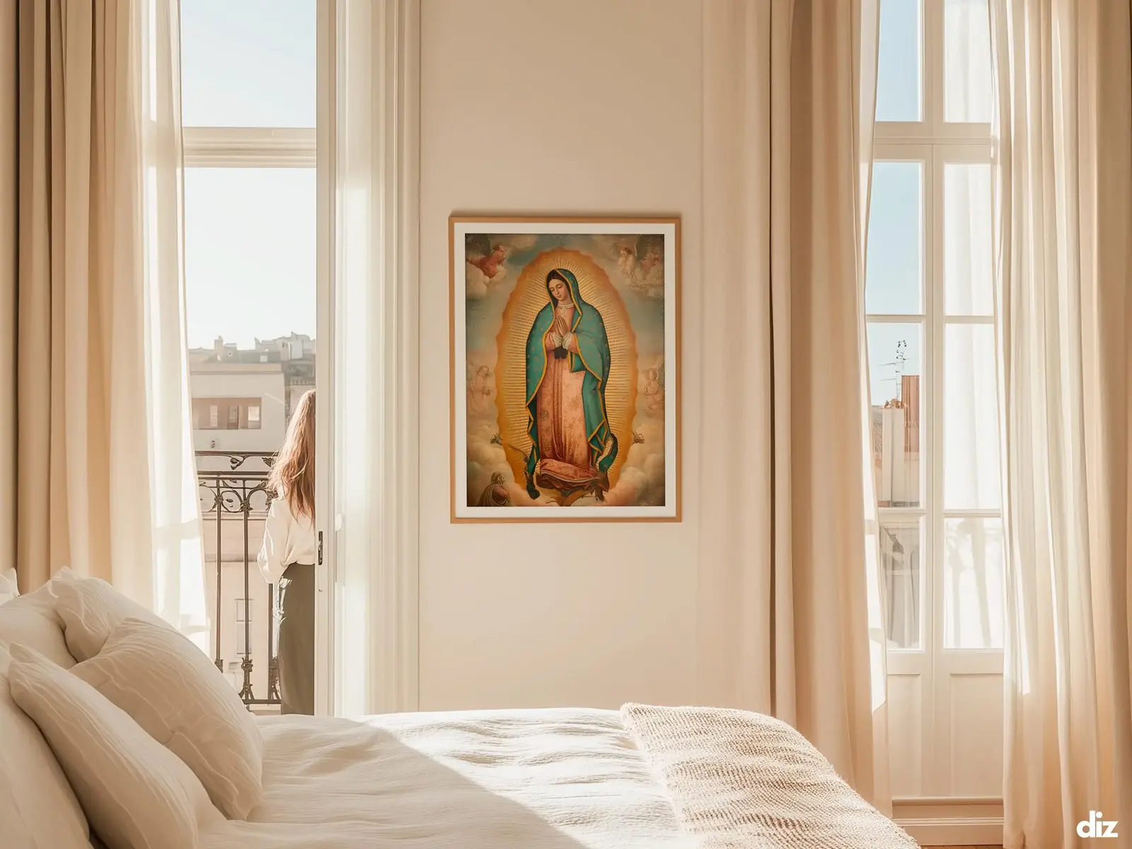 Sacred Heart of Jesus framed above sofa, living room display blending peace and devotion, bible wall art catholic wall art