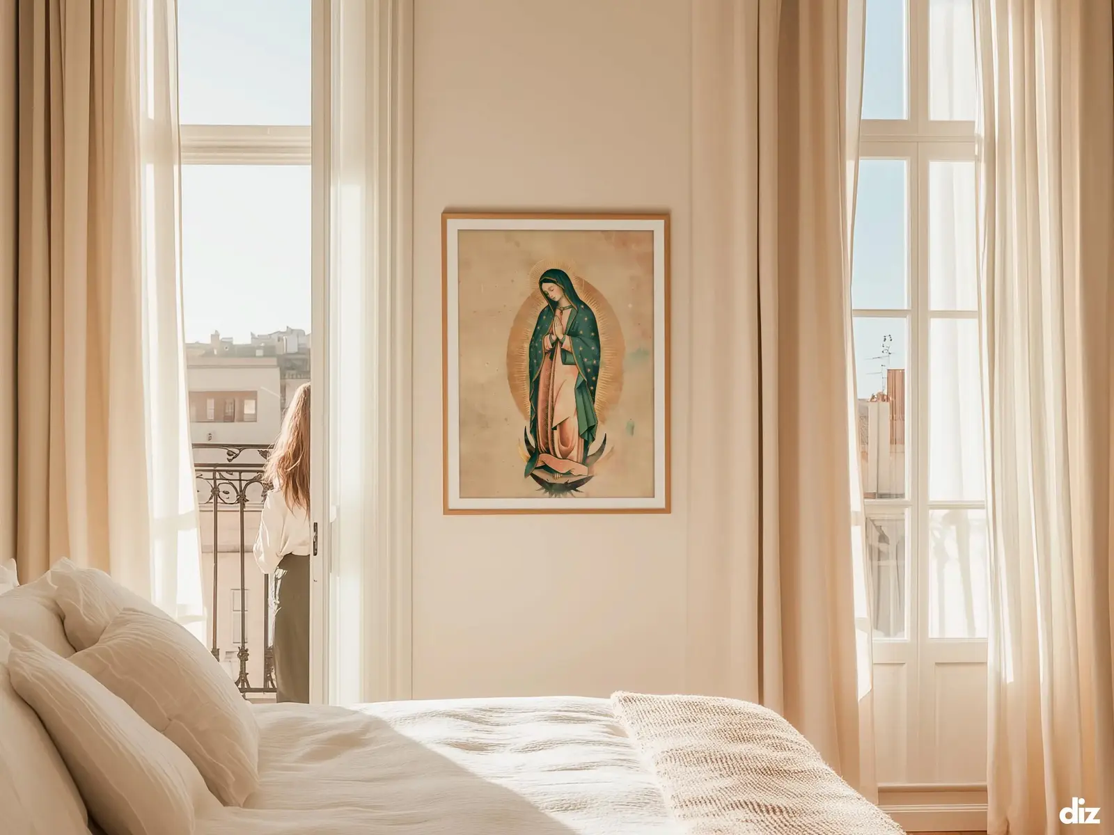 Sacred Heart of Jesus framed above sofa, living room display blending peace and devotion, bible wall art catholic wall art