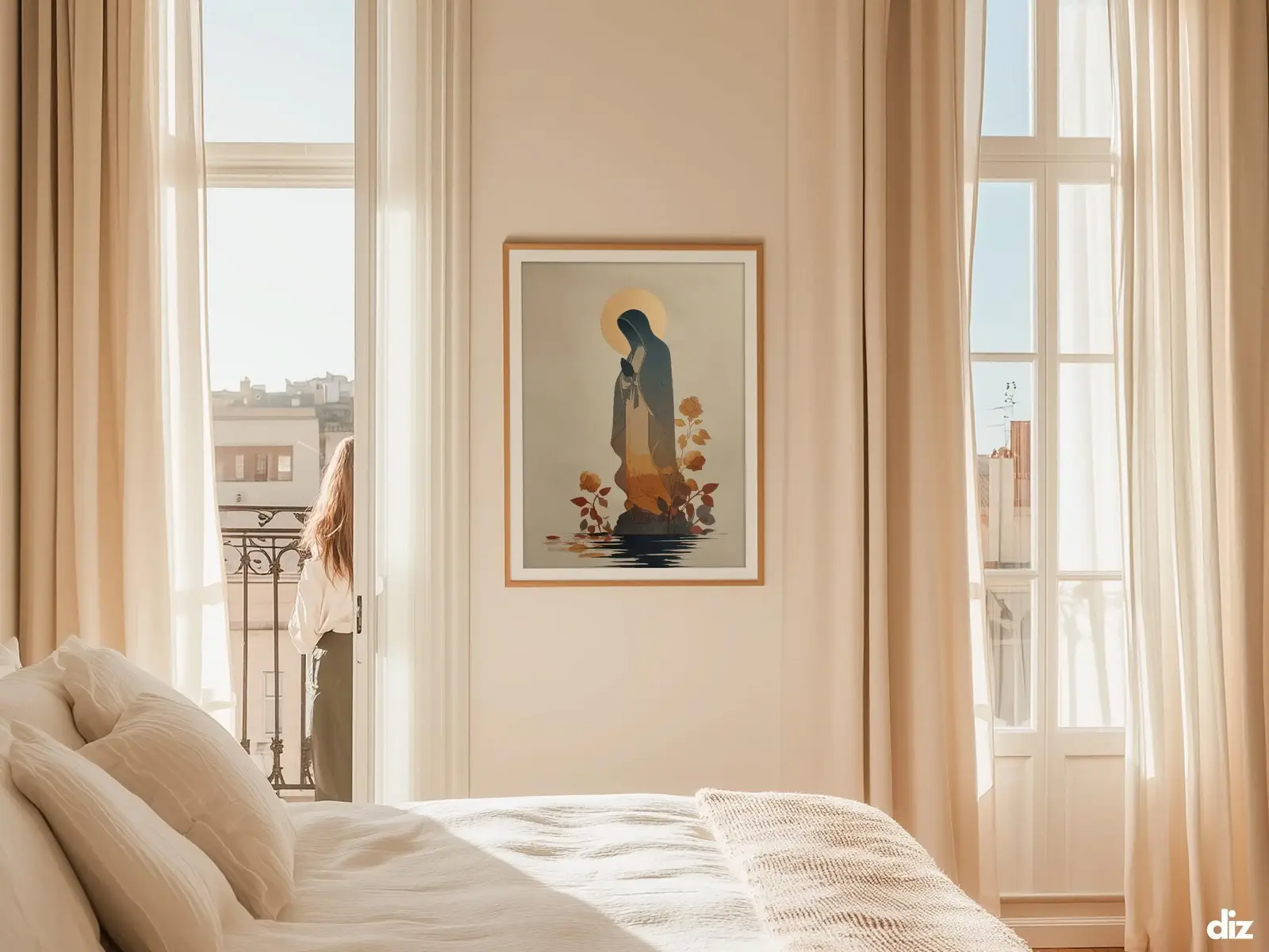 Sacred Heart of Jesus framed above sofa, living room display blending peace and devotion, bible wall art catholic wall art