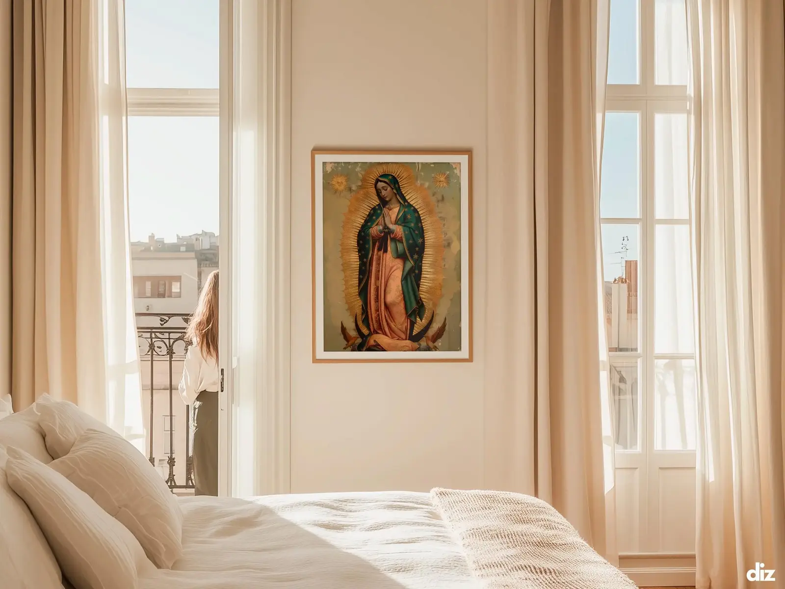 Sacred Heart of Jesus framed above sofa, living room display blending peace and devotion, bible wall art catholic wall art