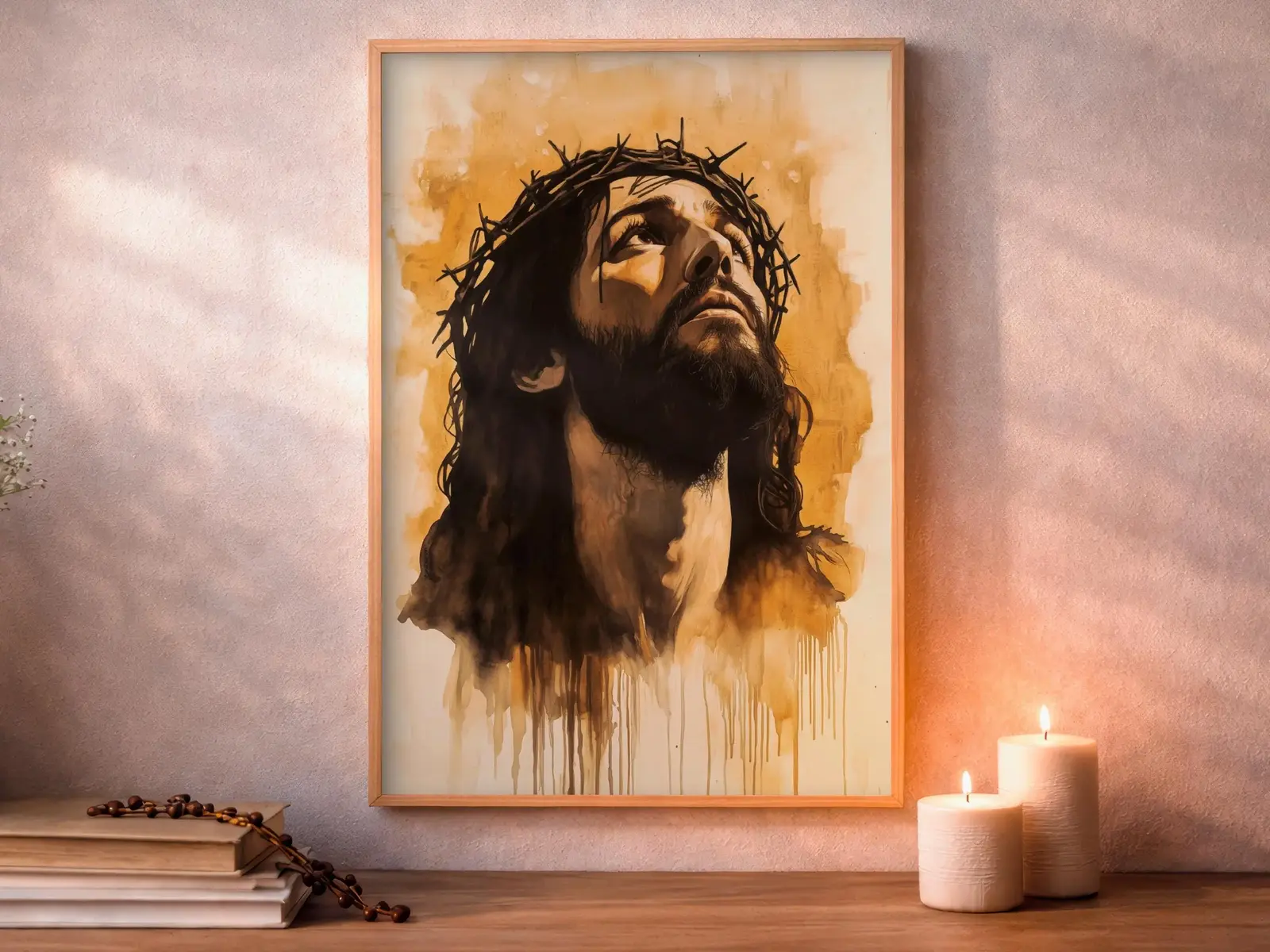 Framed Sacred Heart of Jesus above bed, bedroom sanctuary offering mercy and trust, jesus wall art artwork of jesus