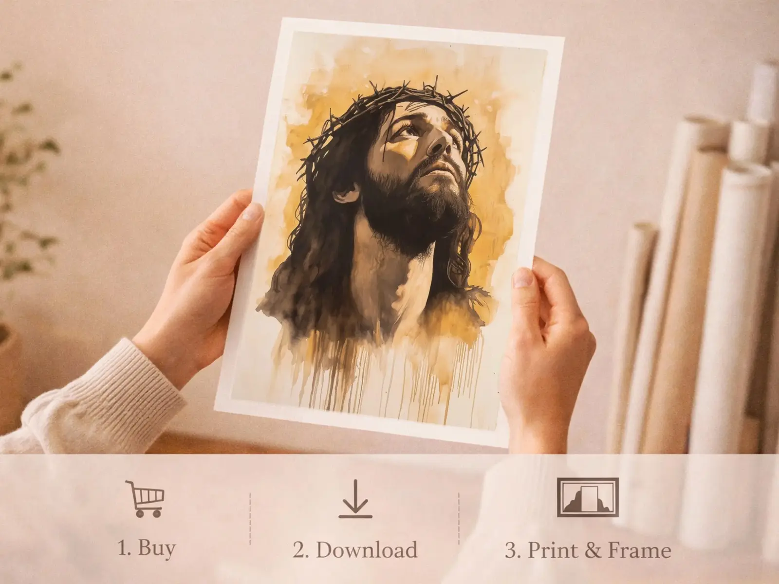 Sacred Heart of Jesus framed above sofa, living room display blending peace and devotion, bible wall art catholic wall art