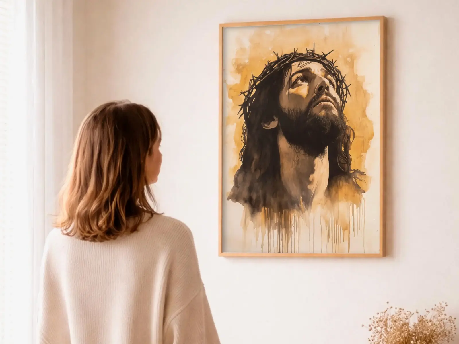 Close-up detail of the flaming Sacred Heart, thorn crown and cross, jesus sacred heart biblical wall art