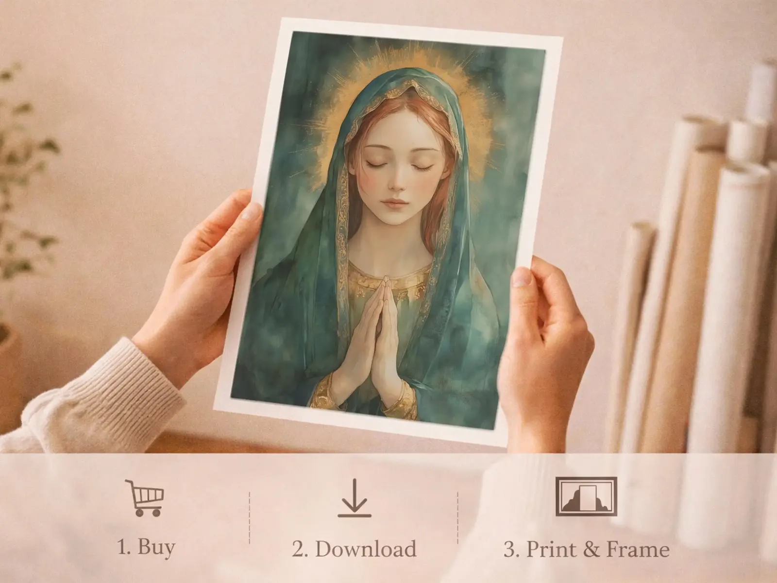 Sacred Heart of Jesus framed above sofa, living room display blending peace and devotion, bible wall art catholic wall art