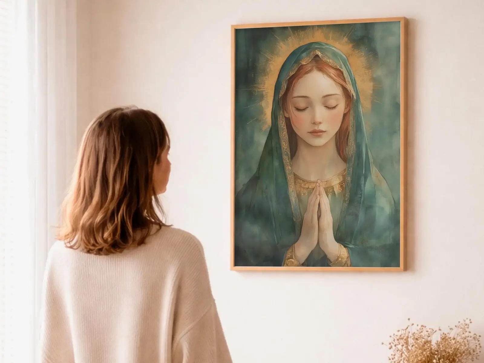 Close-up detail of the flaming Sacred Heart, thorn crown and cross, jesus sacred heart biblical wall art