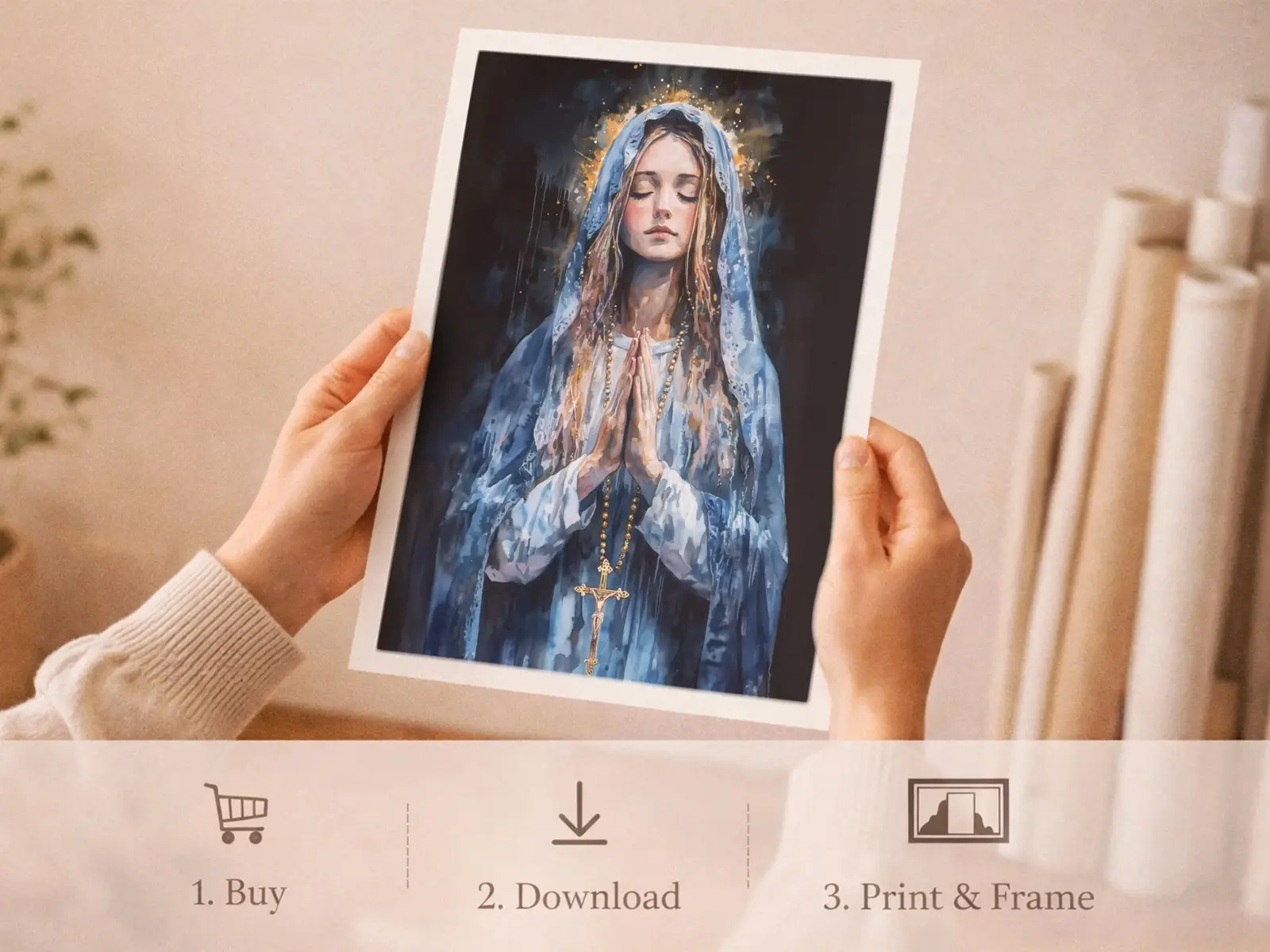 Sacred Heart of Jesus framed above sofa, living room display blending peace and devotion, bible wall art catholic wall art