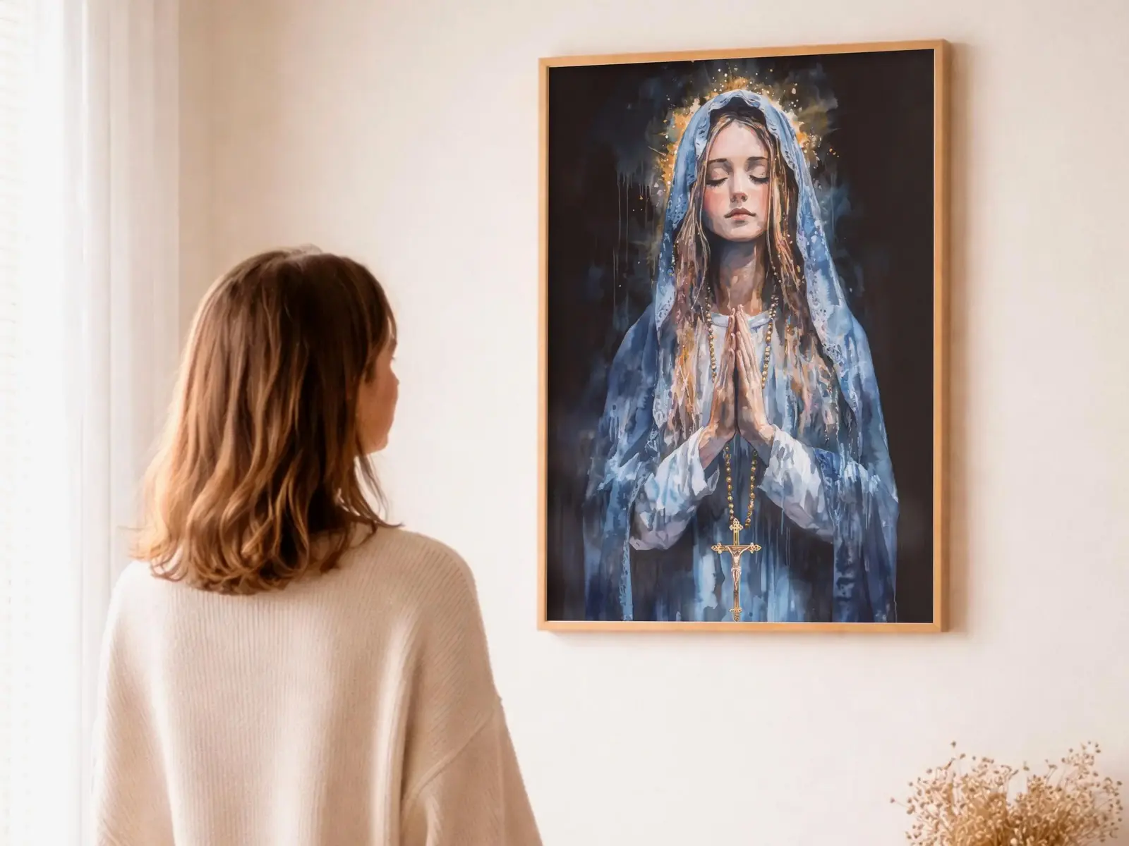 Close-up detail of the flaming Sacred Heart, thorn crown and cross, jesus sacred heart biblical wall art