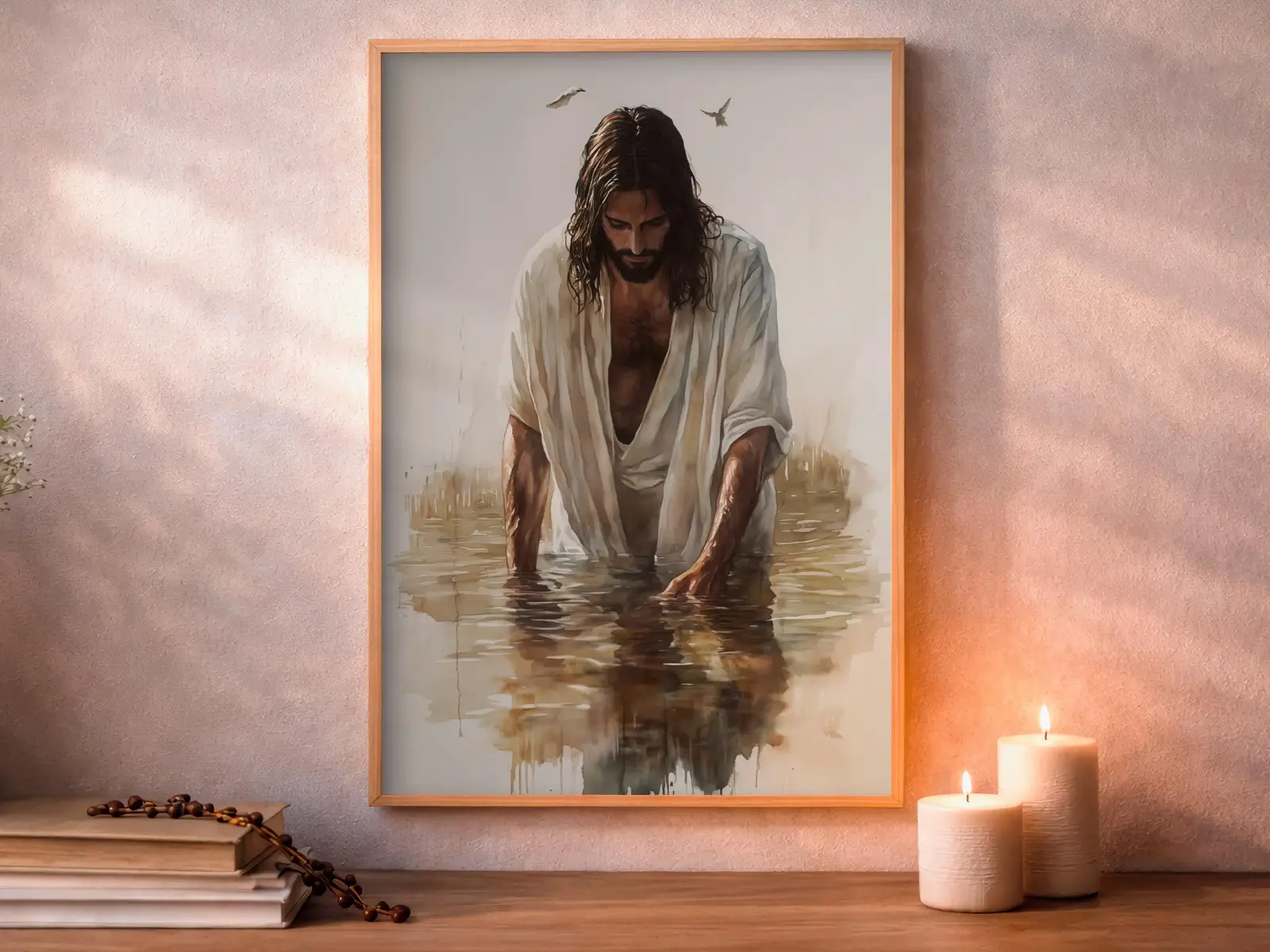 Framed Sacred Heart of Jesus above bed, bedroom sanctuary offering mercy and trust, jesus wall art artwork of jesus
