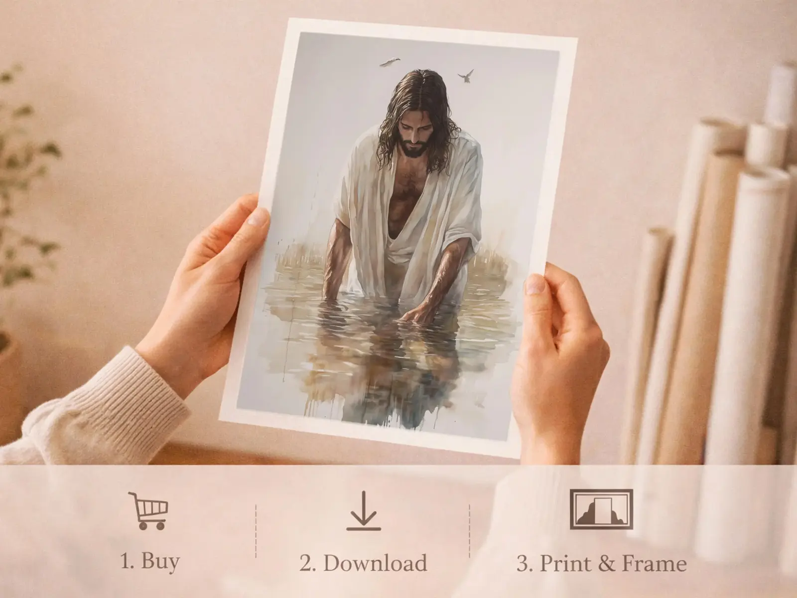 Sacred Heart of Jesus framed above sofa, living room display blending peace and devotion, bible wall art catholic wall art