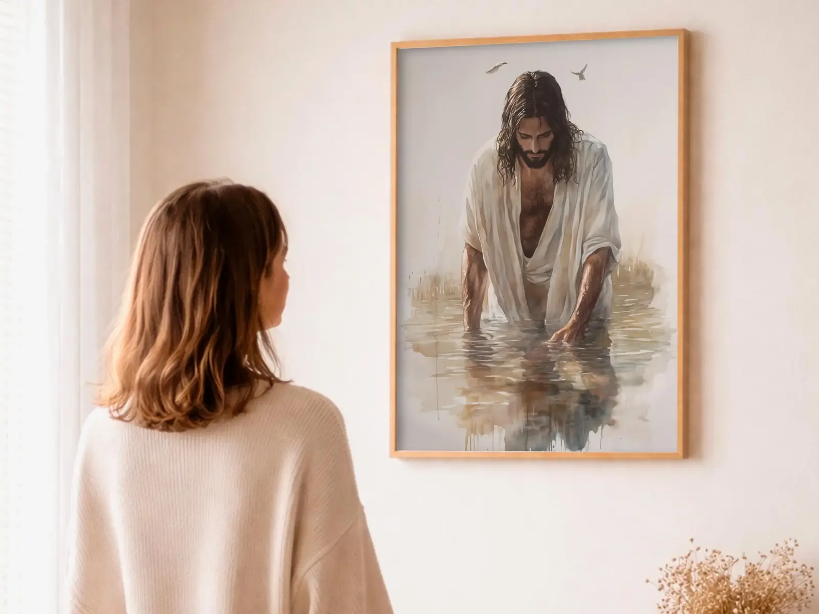 Close-up detail of the flaming Sacred Heart, thorn crown and cross, jesus sacred heart biblical wall art