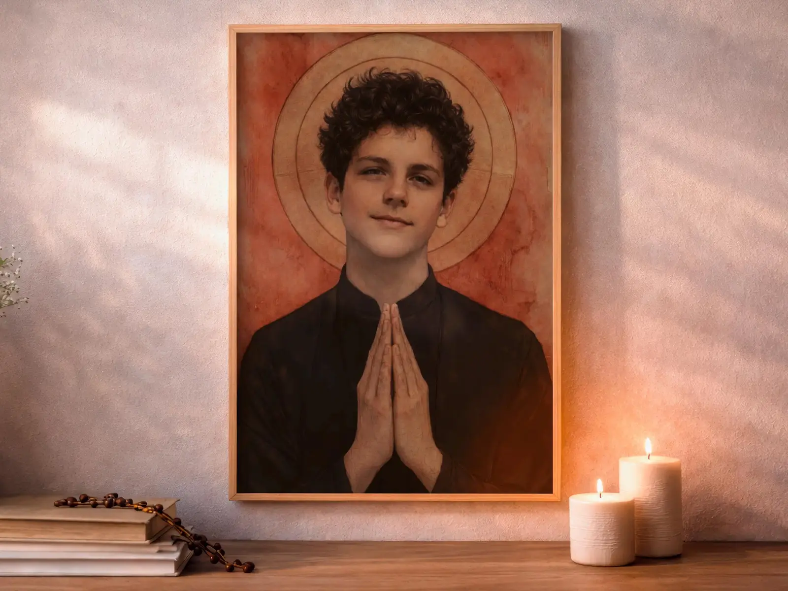 Framed Sacred Heart of Jesus above bed, bedroom sanctuary offering mercy and trust, jesus wall art artwork of jesus