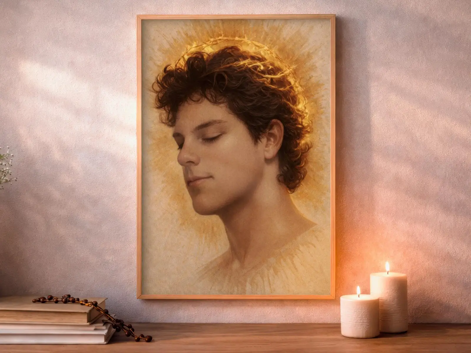 Framed Sacred Heart of Jesus above bed, bedroom sanctuary offering mercy and trust, jesus wall art artwork of jesus