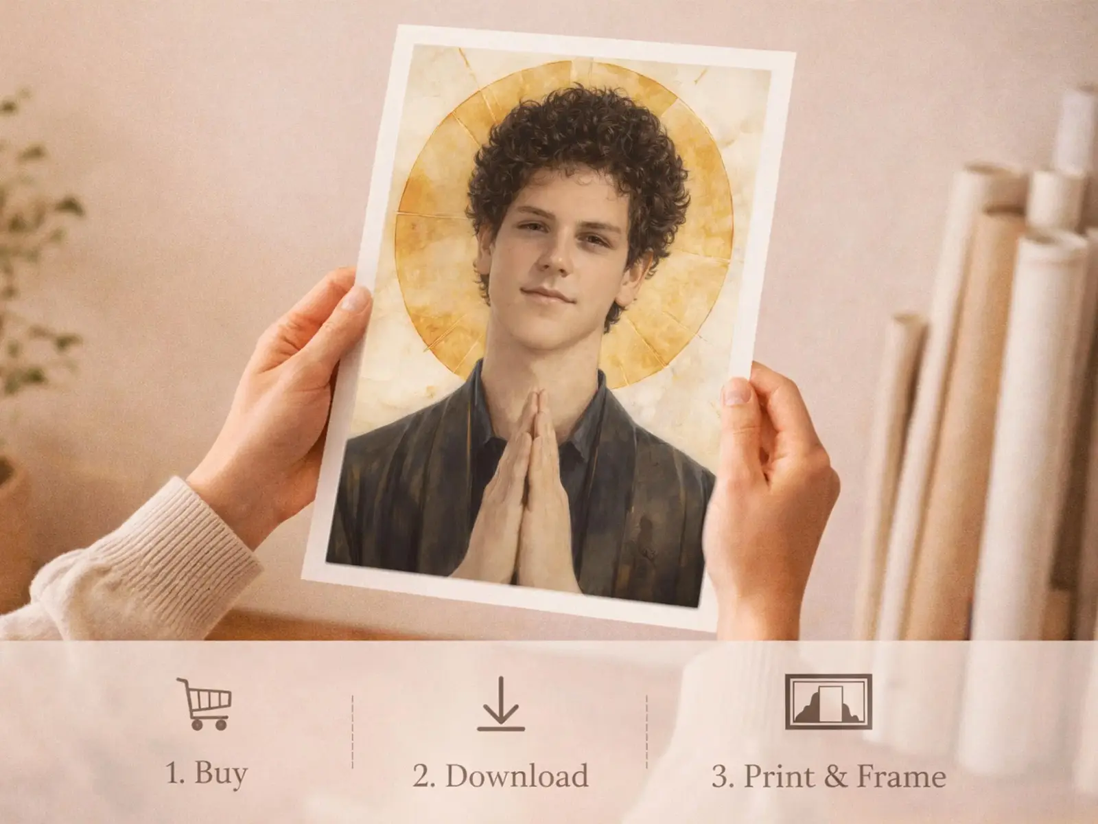 Sacred Heart of Jesus framed above sofa, living room display blending peace and devotion, bible wall art catholic wall art