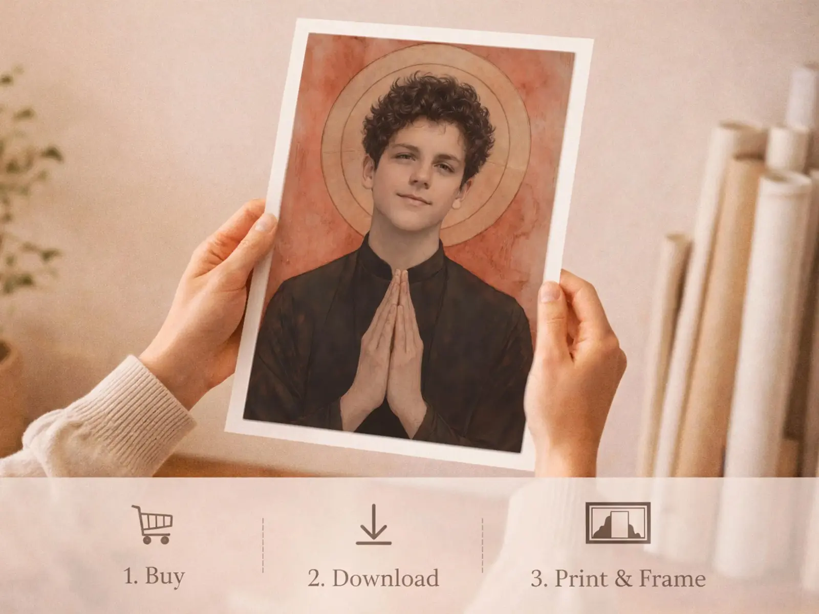 Sacred Heart of Jesus framed above sofa, living room display blending peace and devotion, bible wall art catholic wall art