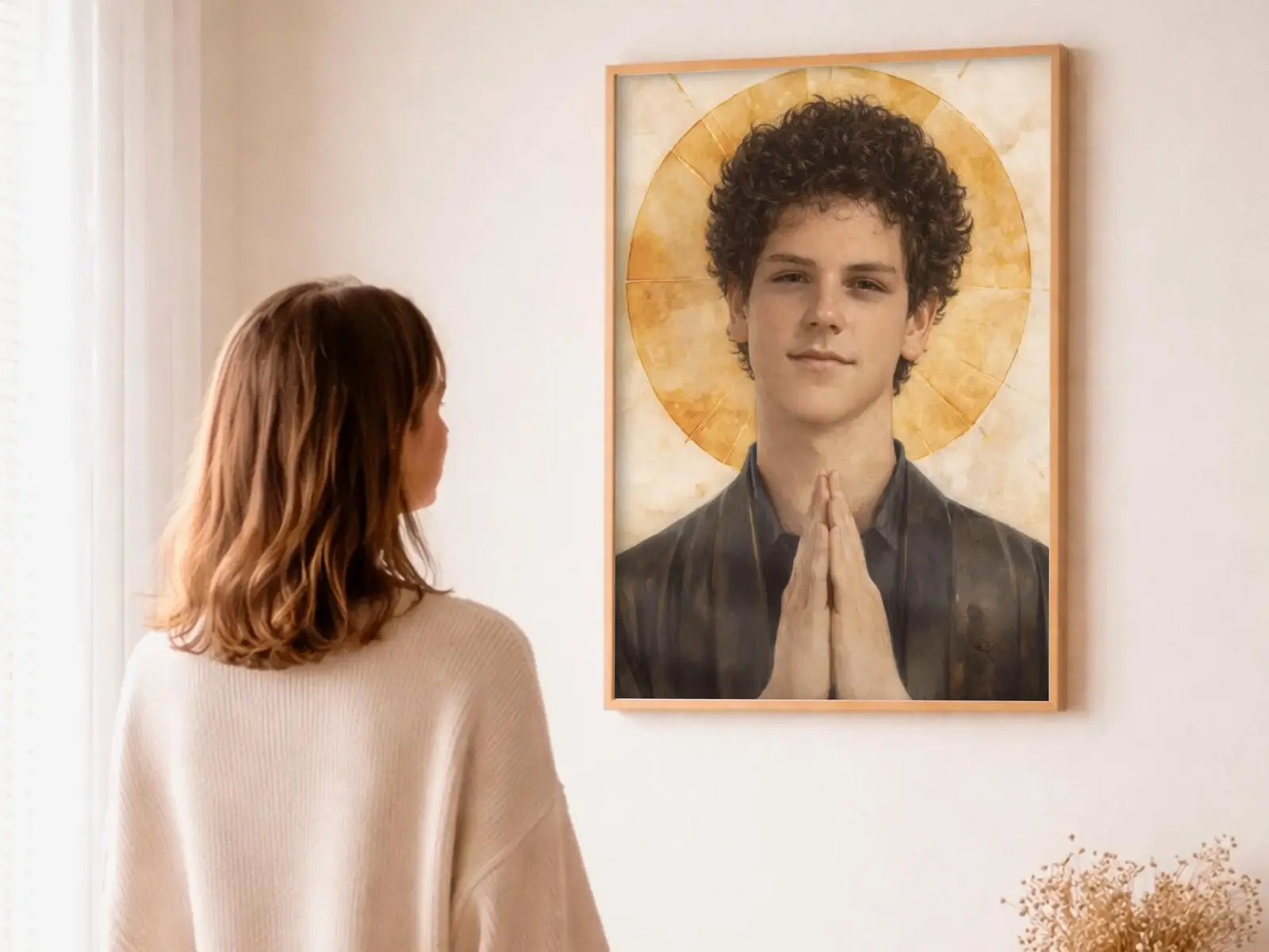 Close-up detail of the flaming Sacred Heart, thorn crown and cross, jesus sacred heart biblical wall art