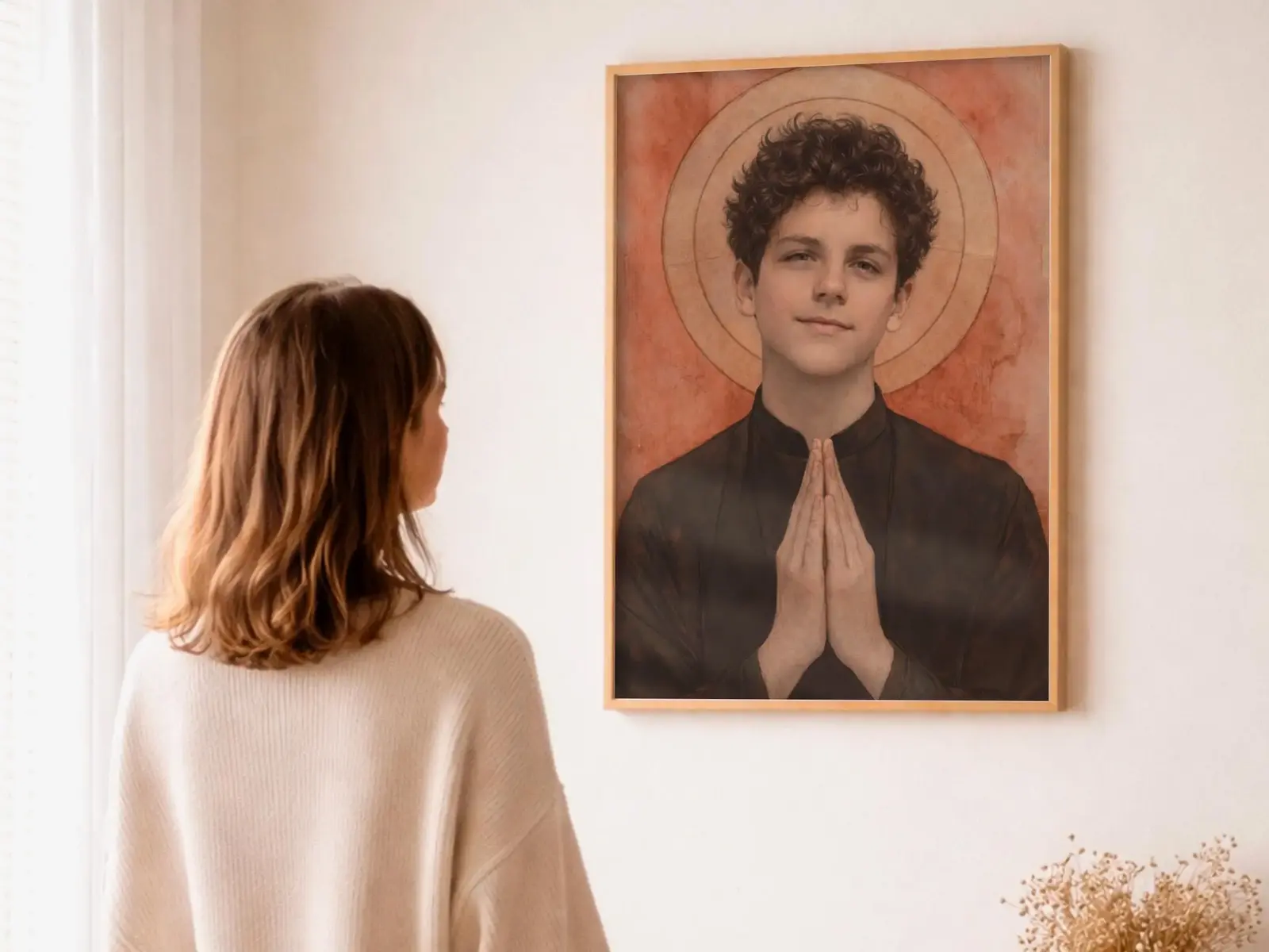 Close-up detail of the flaming Sacred Heart, thorn crown and cross, jesus sacred heart biblical wall art