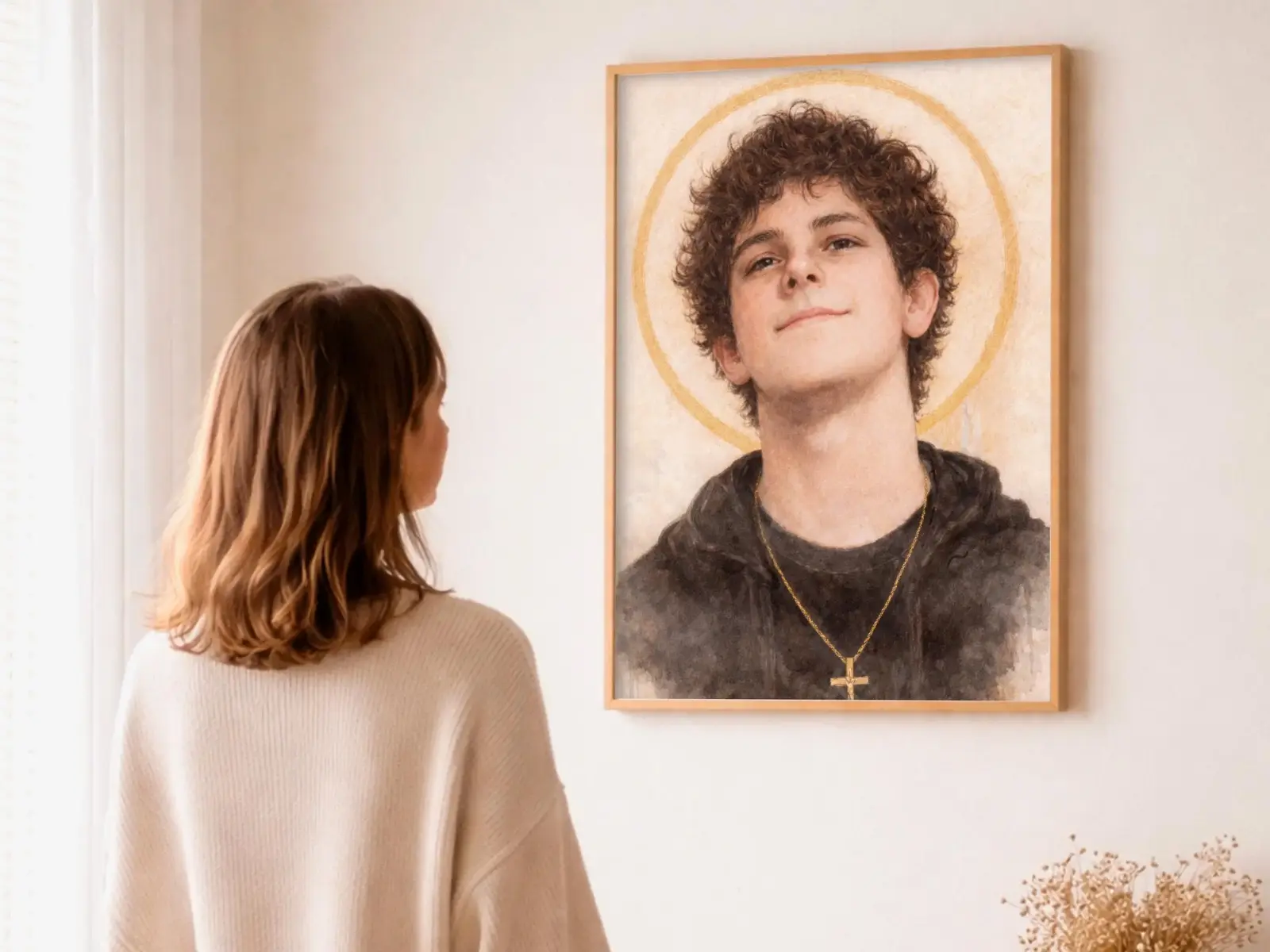 Close-up detail of the flaming Sacred Heart, thorn crown and cross, jesus sacred heart biblical wall art