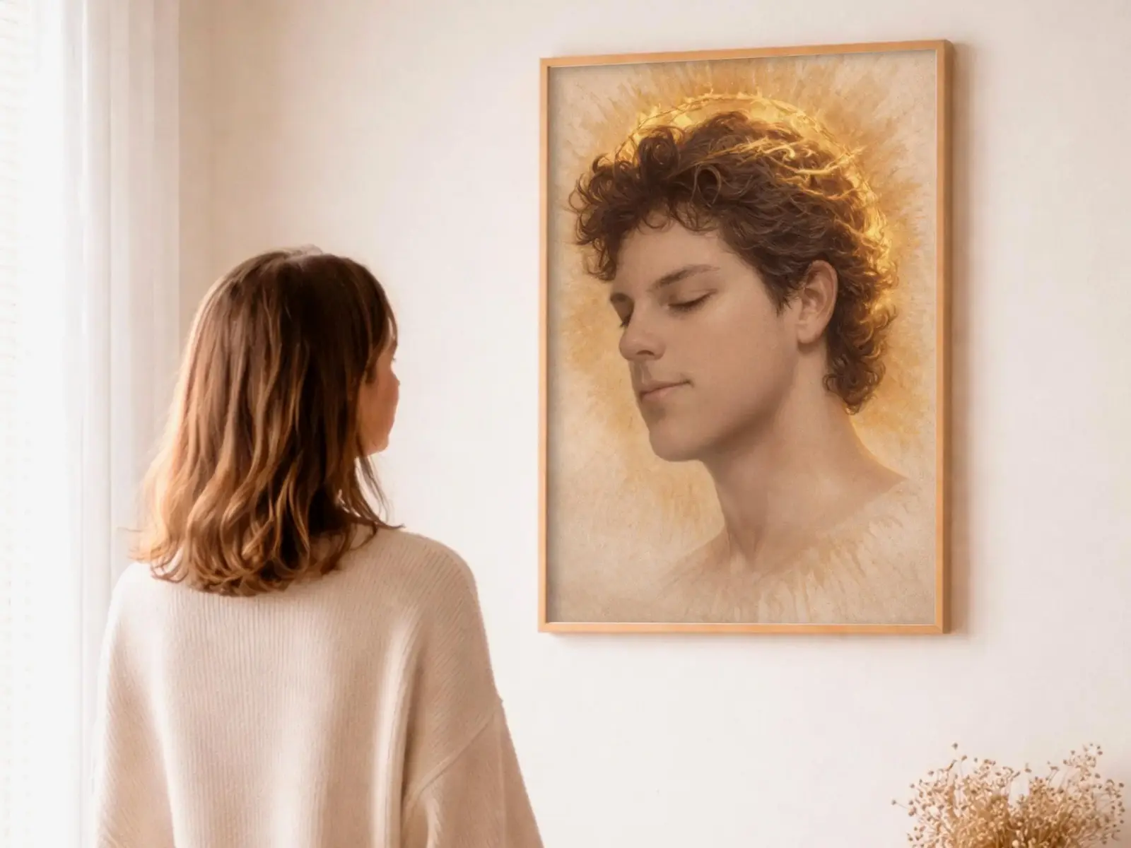 Close-up detail of the flaming Sacred Heart, thorn crown and cross, jesus sacred heart biblical wall art