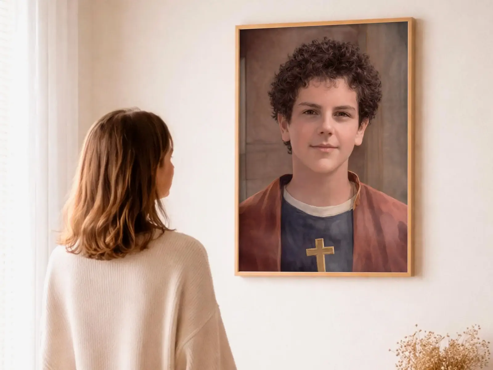 Close-up detail of the flaming Sacred Heart, thorn crown and cross, jesus sacred heart biblical wall art