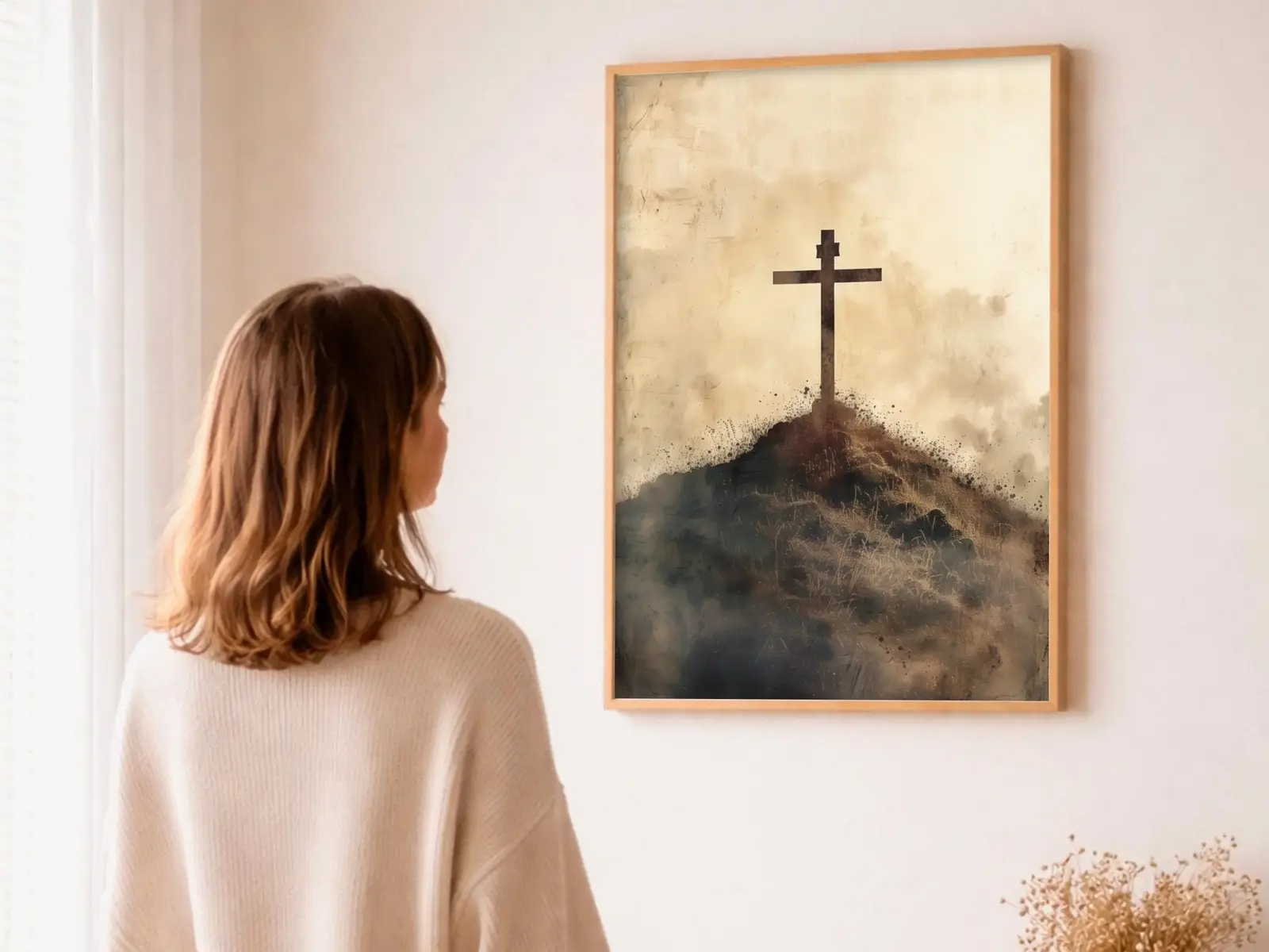 Close-up detail of the flaming Sacred Heart, thorn crown and cross, jesus sacred heart biblical wall art