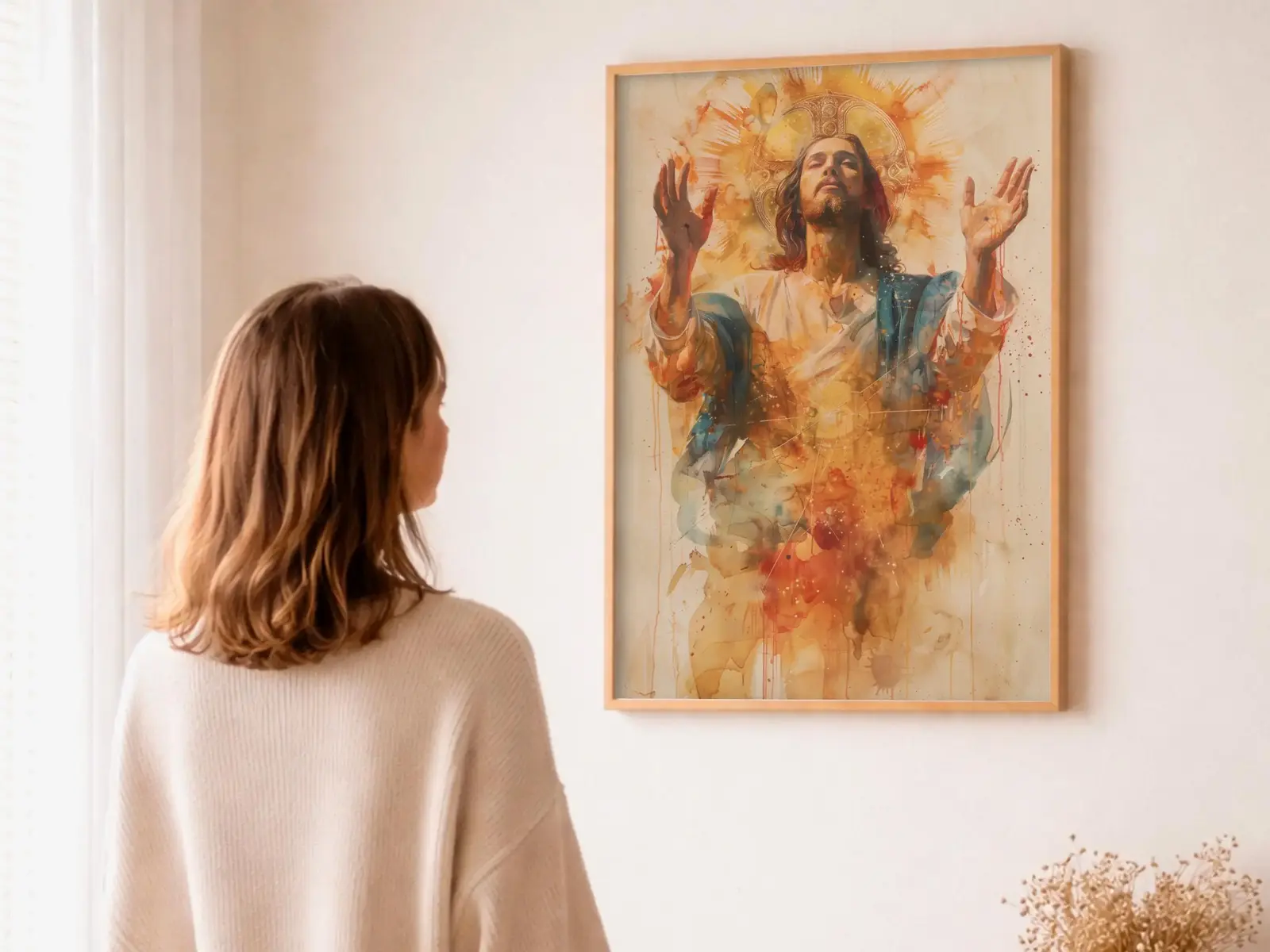 Close-up detail of the flaming Sacred Heart, thorn crown and cross, jesus sacred heart biblical wall art