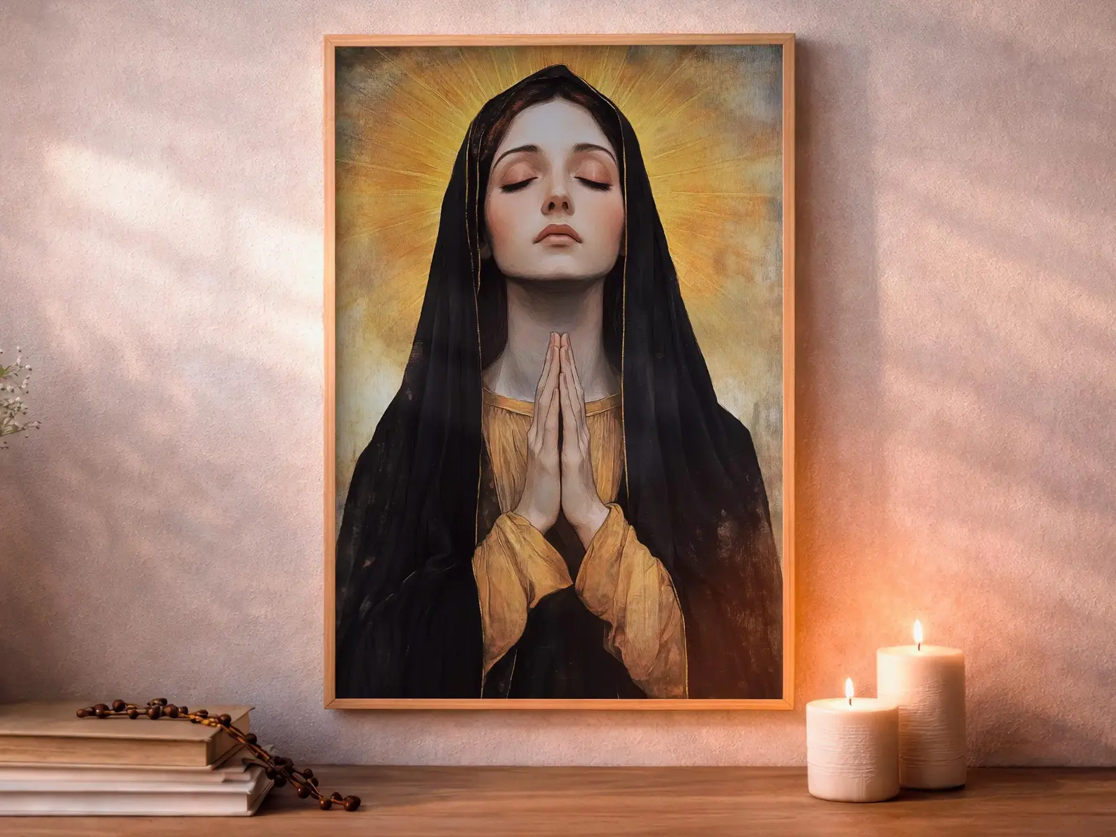 Framed Sacred Heart of Jesus above bed, bedroom sanctuary offering mercy and trust, jesus wall art artwork of jesus
