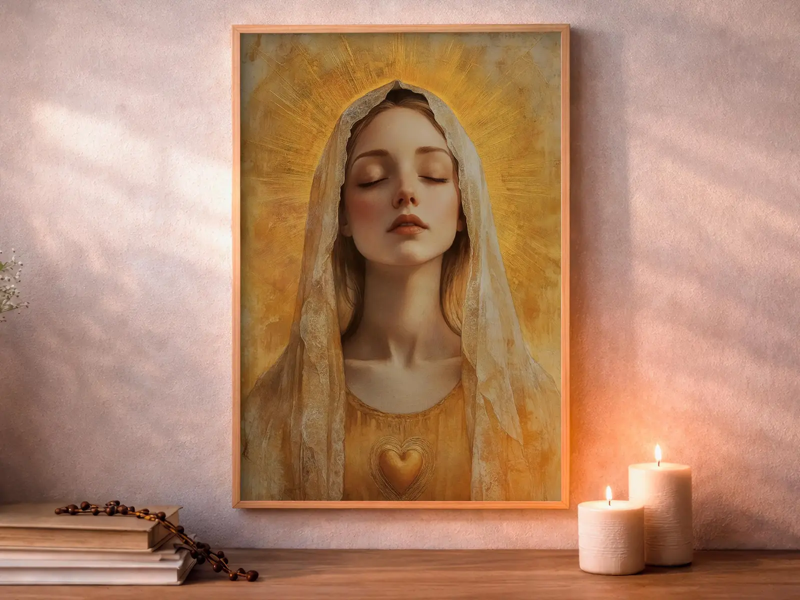Framed Sacred Heart of Jesus above bed, bedroom sanctuary offering mercy and trust, jesus wall art artwork of jesus