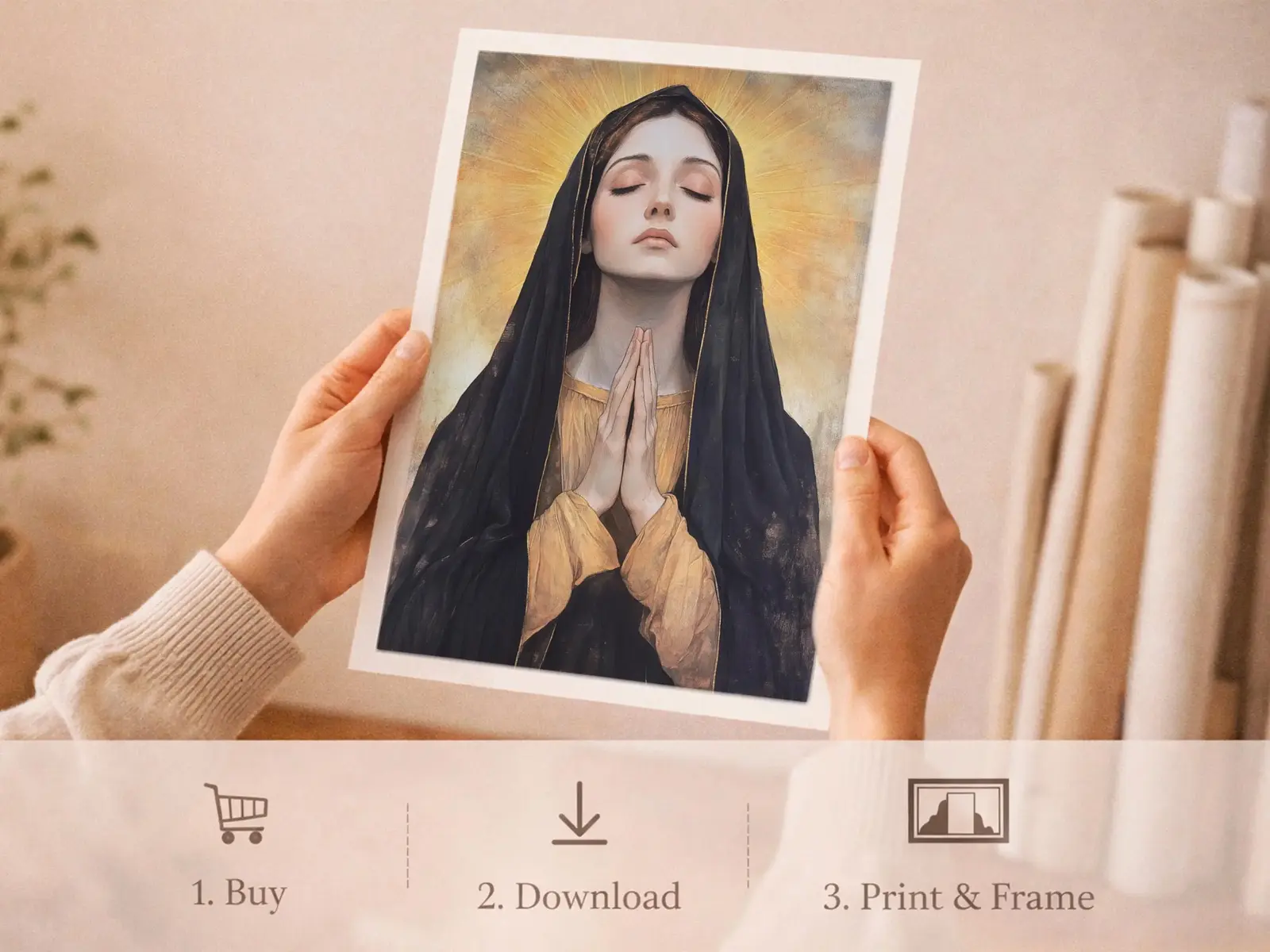 Sacred Heart of Jesus framed above sofa, living room display blending peace and devotion, bible wall art catholic wall art