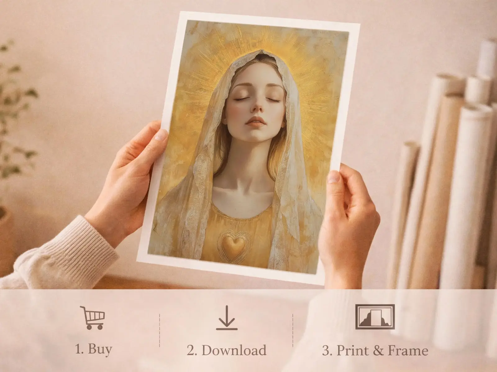 Sacred Heart of Jesus framed above sofa, living room display blending peace and devotion, bible wall art catholic wall art