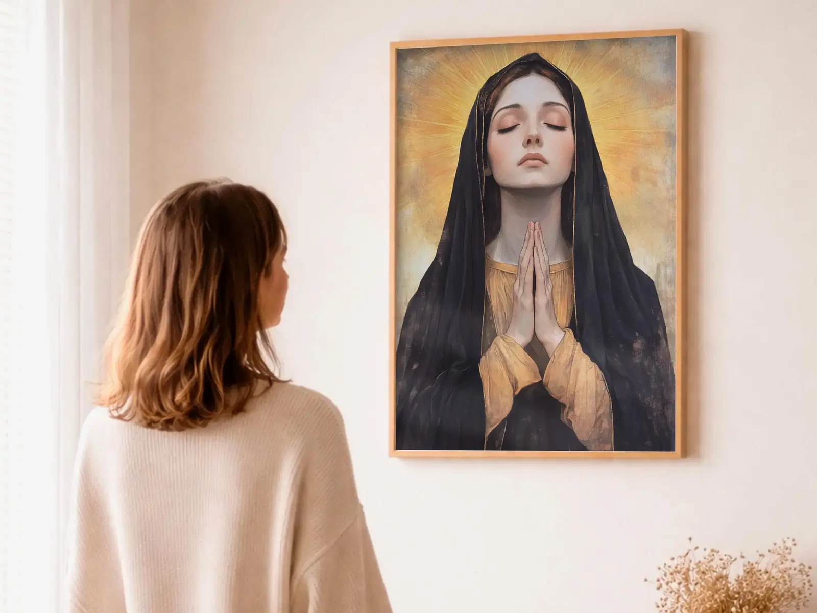 Close-up detail of the flaming Sacred Heart, thorn crown and cross, jesus sacred heart biblical wall art