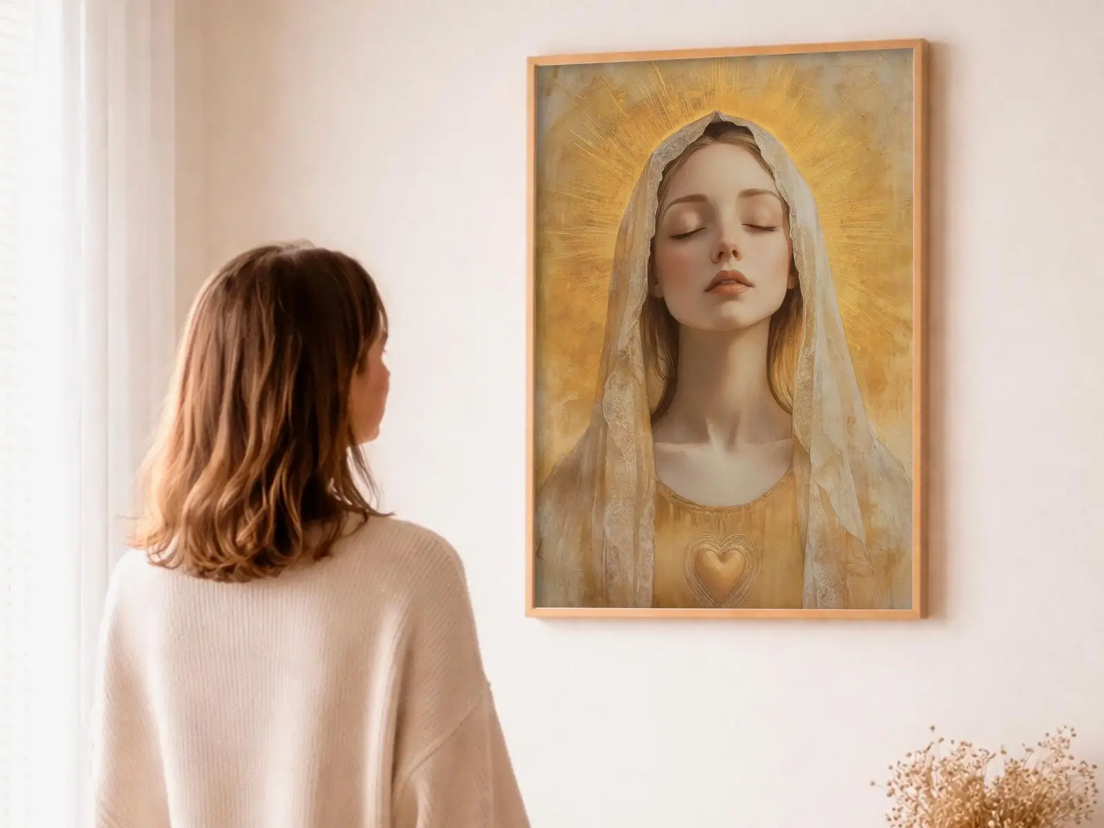 Close-up detail of the flaming Sacred Heart, thorn crown and cross, jesus sacred heart biblical wall art