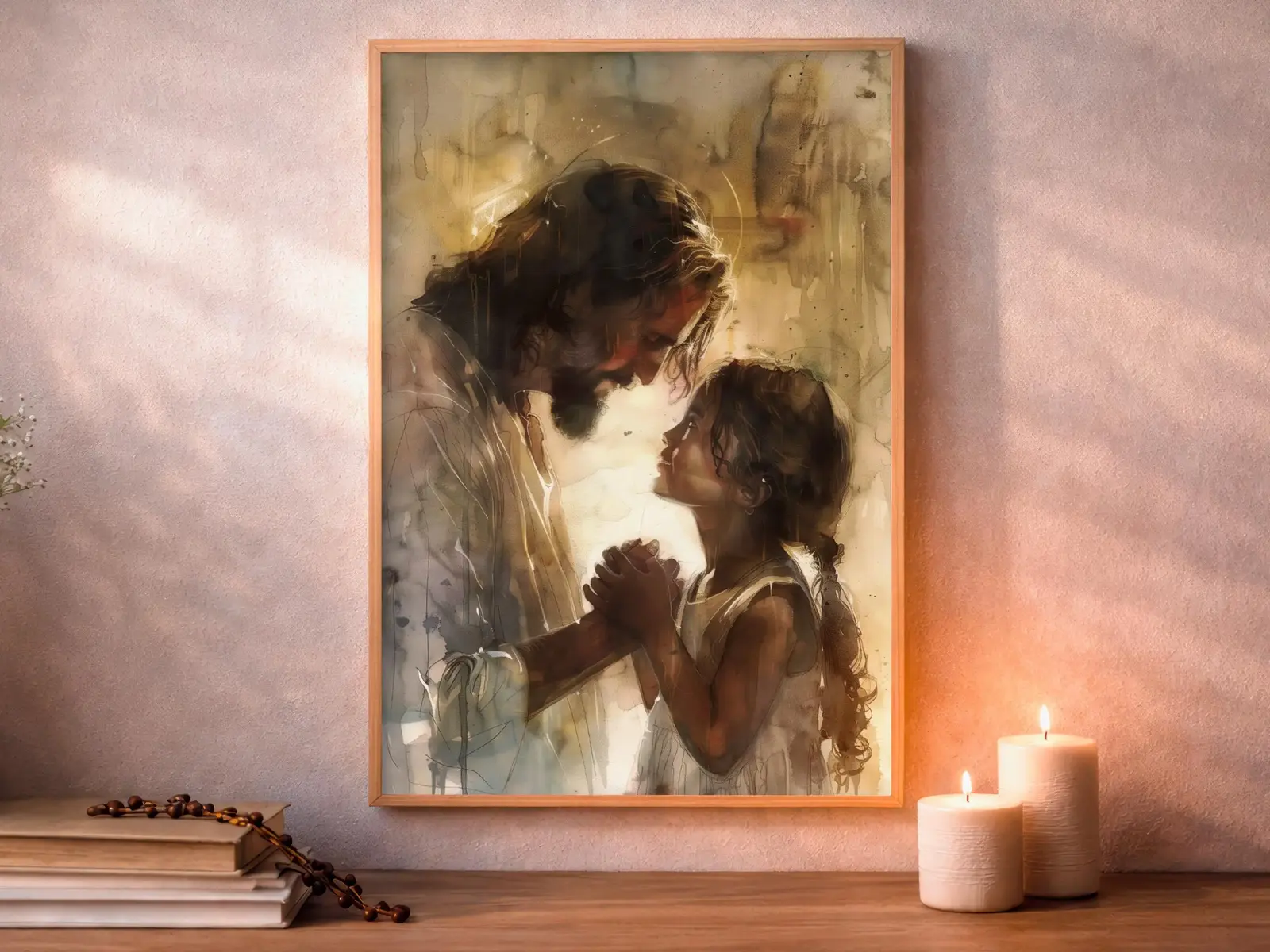 Framed Sacred Heart of Jesus above bed, bedroom sanctuary offering mercy and trust, jesus wall art artwork of jesus