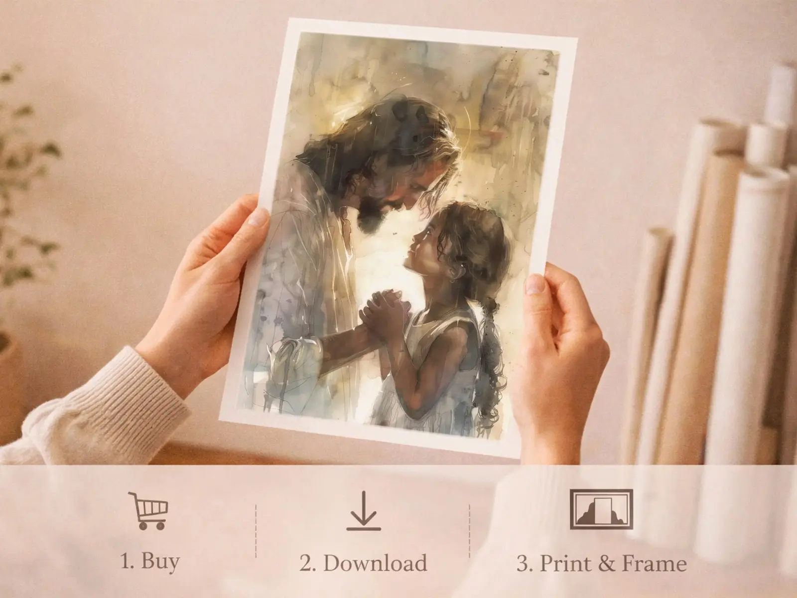 Sacred Heart of Jesus framed above sofa, living room display blending peace and devotion, bible wall art catholic wall art