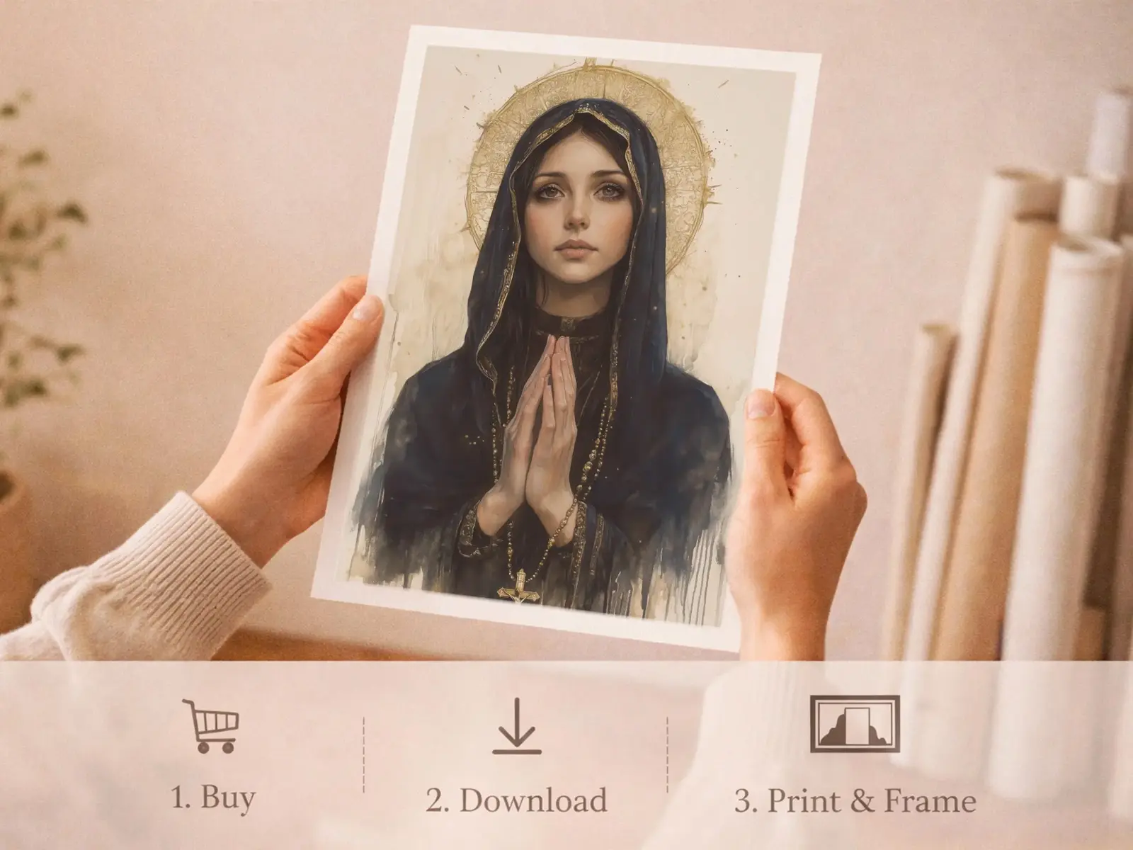 Sacred Heart of Jesus framed above sofa, living room display blending peace and devotion, bible wall art catholic wall art