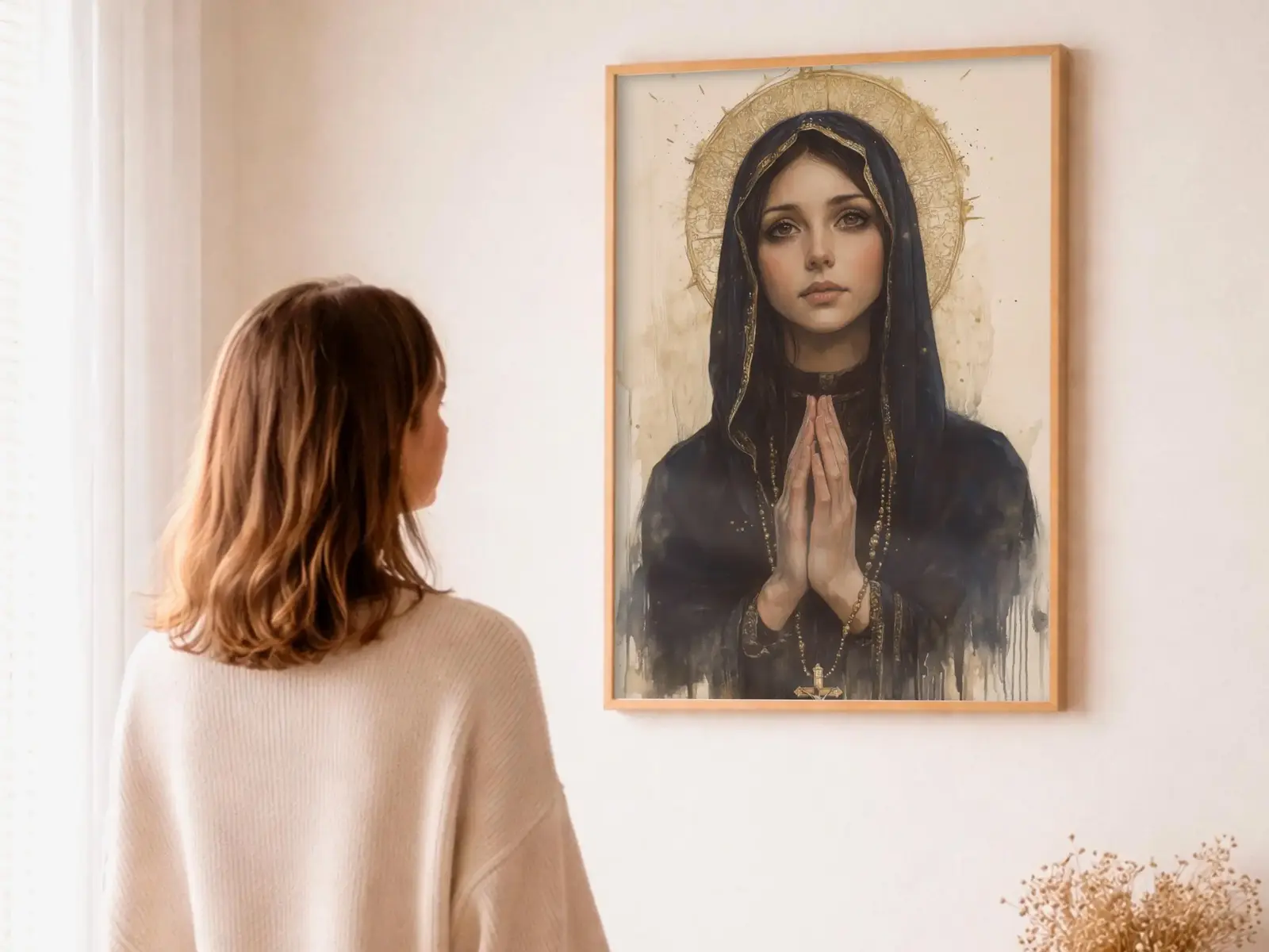 Close-up detail of the flaming Sacred Heart, thorn crown and cross, jesus sacred heart biblical wall art