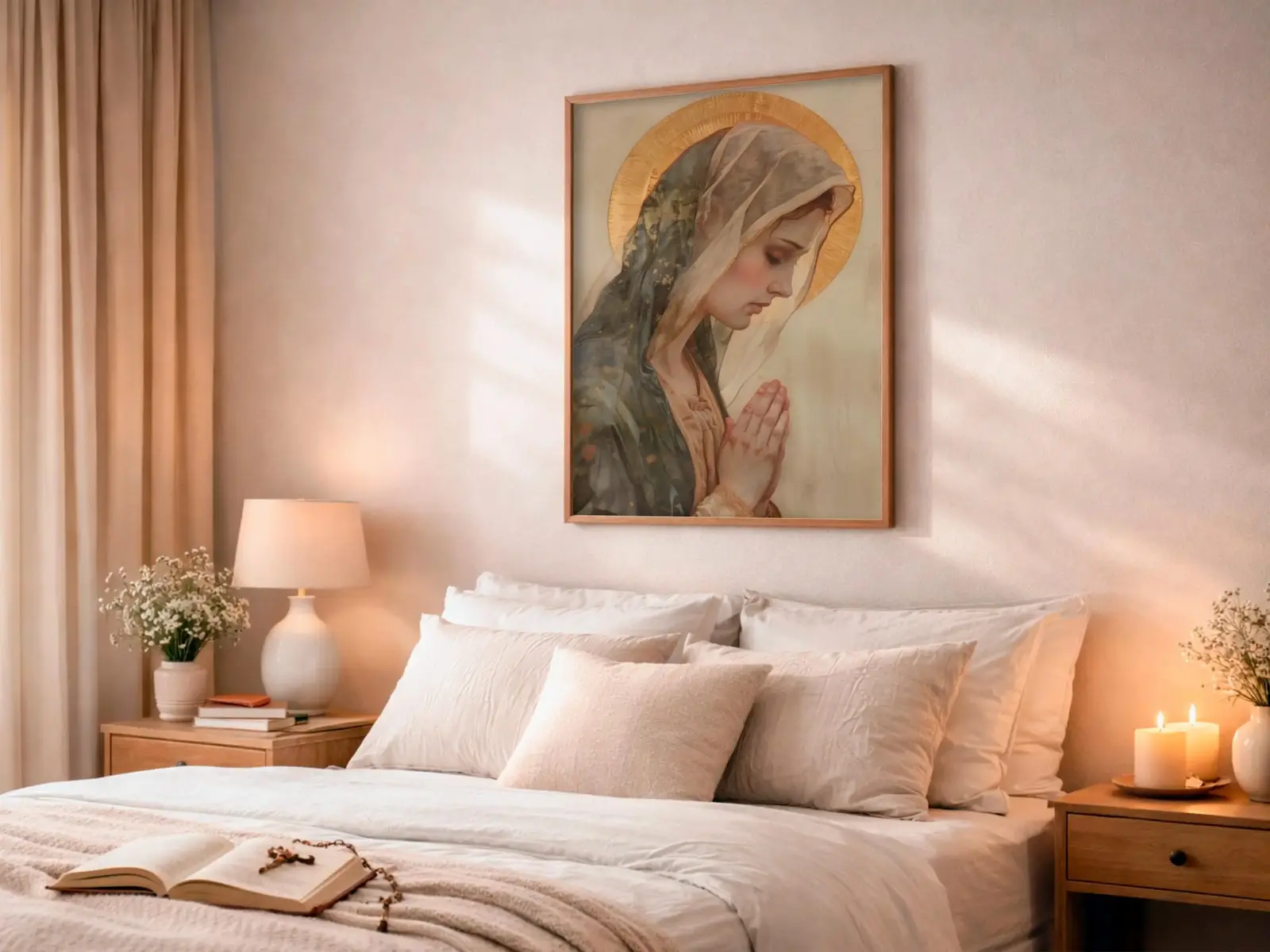 Sacred Heart of Jesus framed above sofa, living room display blending peace and devotion, bible wall art catholic wall art