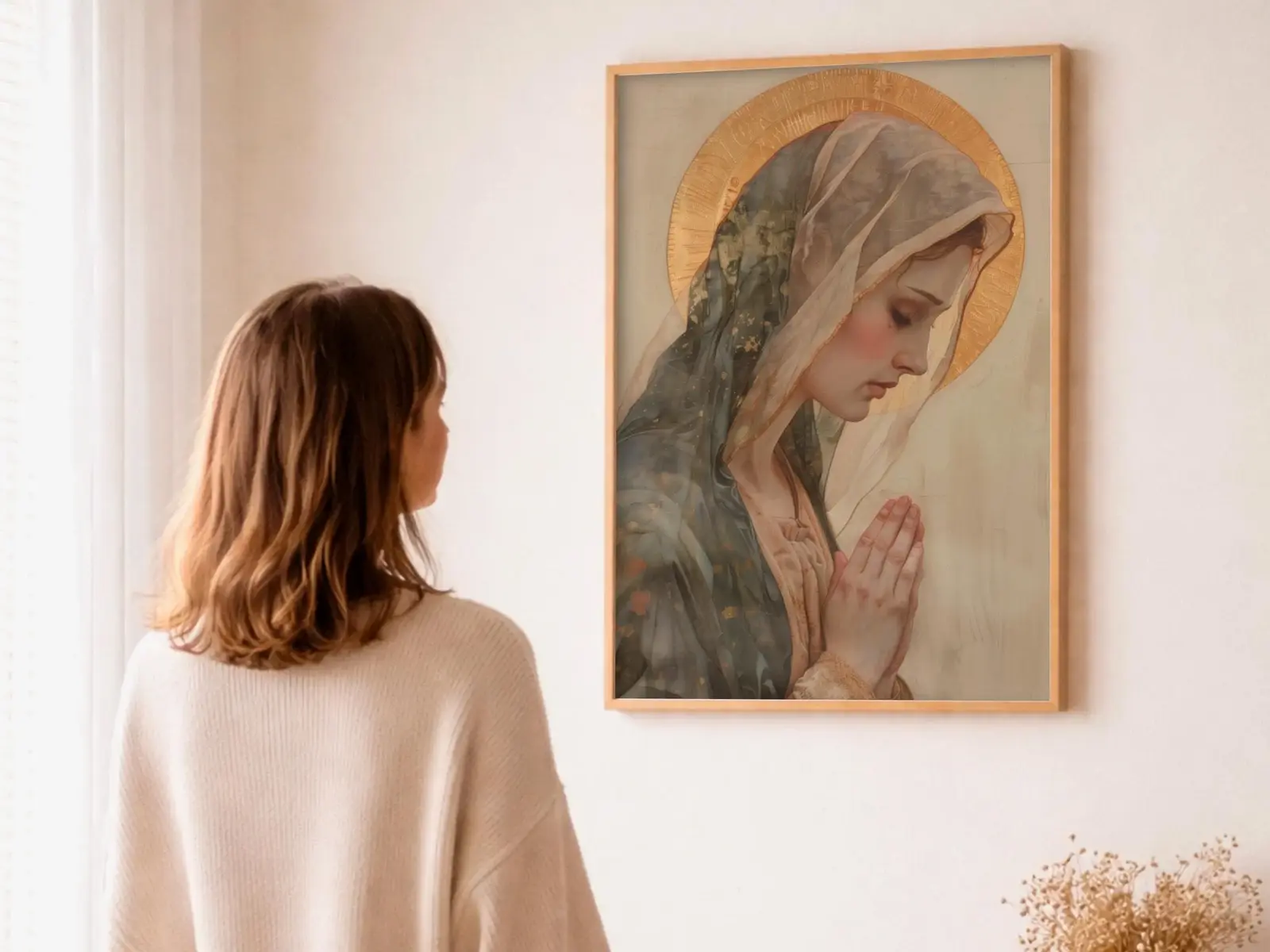 Close-up detail of the flaming Sacred Heart, thorn crown and cross, jesus sacred heart biblical wall art