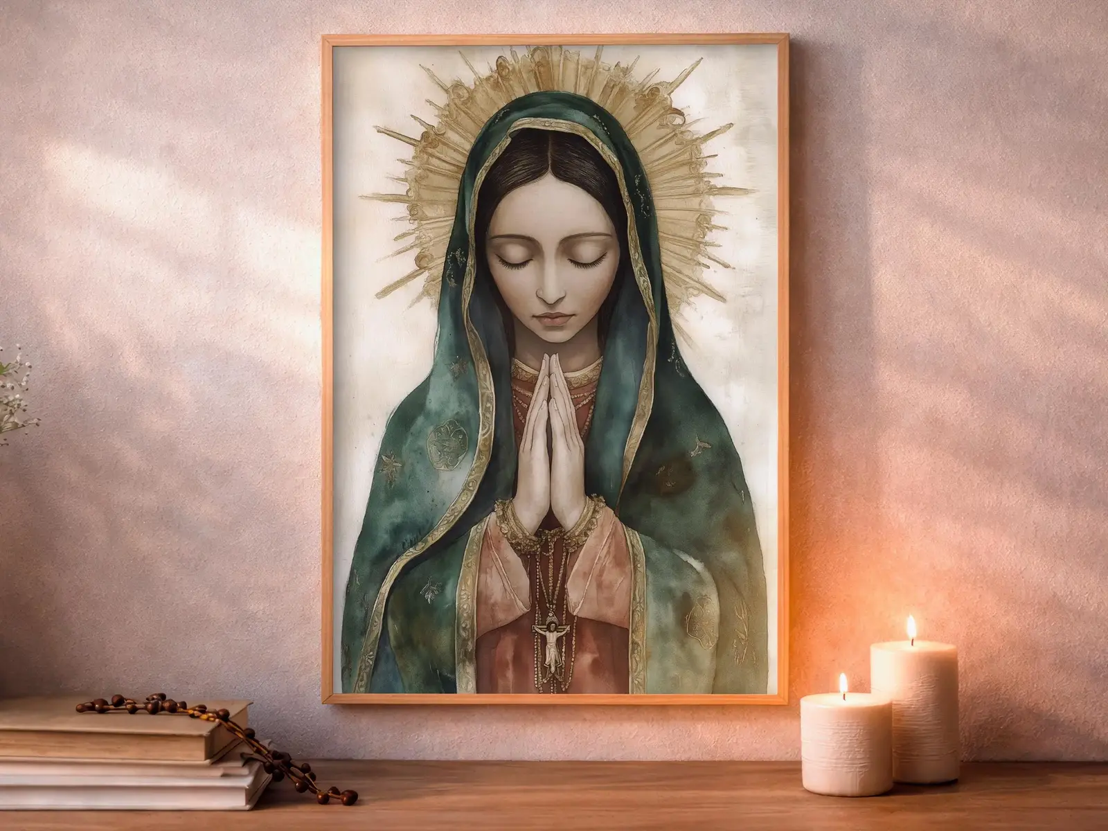 Framed Sacred Heart of Jesus above bed, bedroom sanctuary offering mercy and trust, jesus wall art artwork of jesus