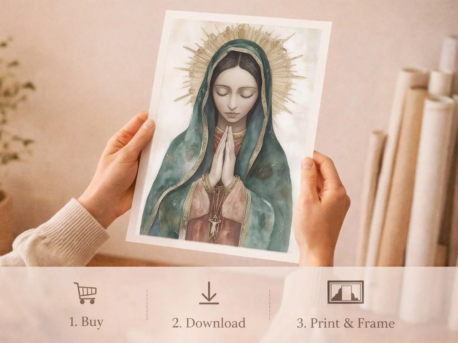 Sacred Heart of Jesus framed above sofa, living room display blending peace and devotion, bible wall art catholic wall art