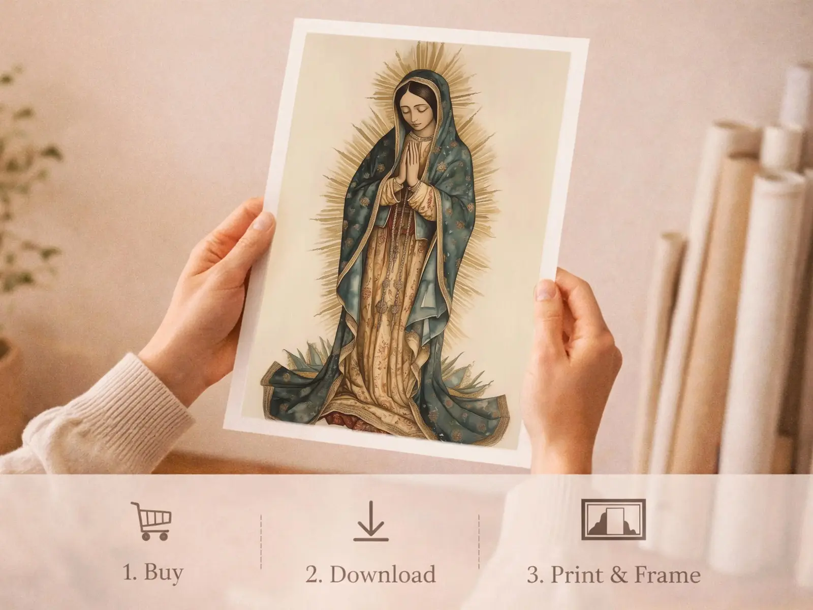 Sacred Heart of Jesus framed above sofa, living room display blending peace and devotion, bible wall art catholic wall art